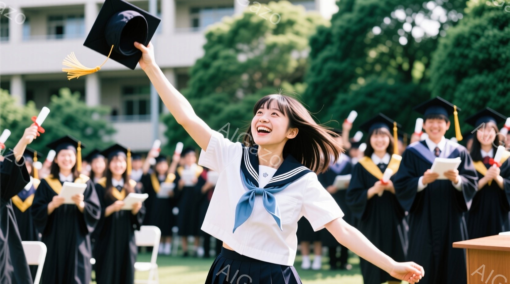 卒業式と思われる屋外で、制服姿の若い女性が両手を高く上げ、嬉しそうに笑っている。彼女は紺色のセーラー服に身を包み、黒い帽子を掲げている。背景には、黒いガウンを着用した他の卒業生たちが立ち並び、緑豊かな - AI生成フリー素材