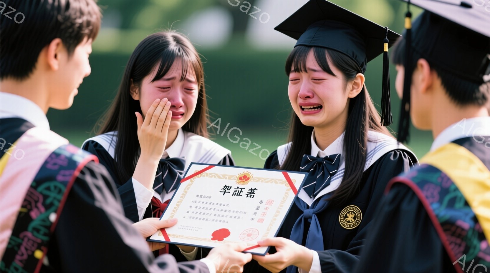 卒業式と思われる場面で、黒い学士服を着用した若い女性が卒業証書を受け取り、涙を流しています。彼女の周りには、同じように学士服を着た他の学生たちがおり、お祝いの雰囲気が伝わってきます。背景には緑豊かな木々が見え、晴れた日の屋外イベントであることがわかります。