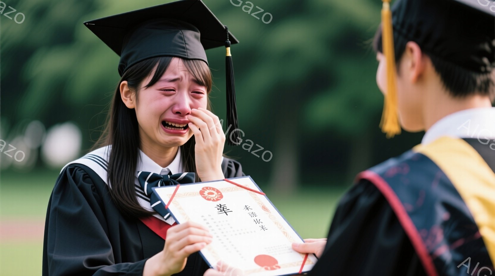 卒業式と思われる女性が、学位記を手に涙を流している。黒い学士帽とガウンを着用し、髪は後ろで結んでいる。背景には緑豊かな木々が見え、晴れた日の屋外で感動的な瞬間が捉えられている。