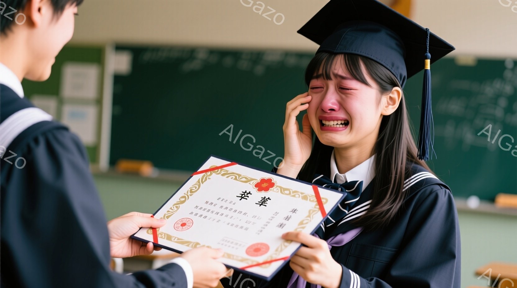 卒業式と思われる室内で、学士帽と学士服を着た若い女性が卒業証書を受け取り、涙を流している。彼女は右手を顔に当てており、非常に感情的な様子が伺える。背景には、他の学生や教職員らしき人々が見え、式典の厳かな雰囲気が漂っている。