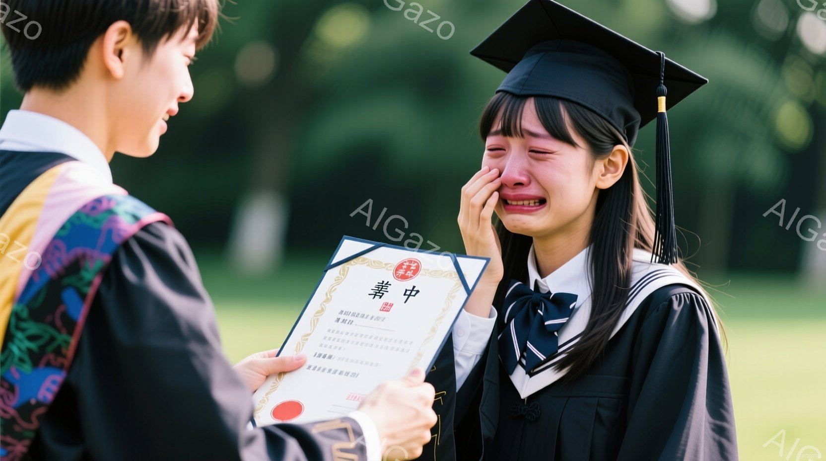 卒業式と思われる屋外で、黒い学士服と帽子を着用した若い女性が涙を流している。彼女は誰かから卒業証書を受け取った直後で、感動で顔を覆っている。背景には緑豊かな木々と穏やかな天気があり、感動的で喜ばしい雰囲気が漂っている。