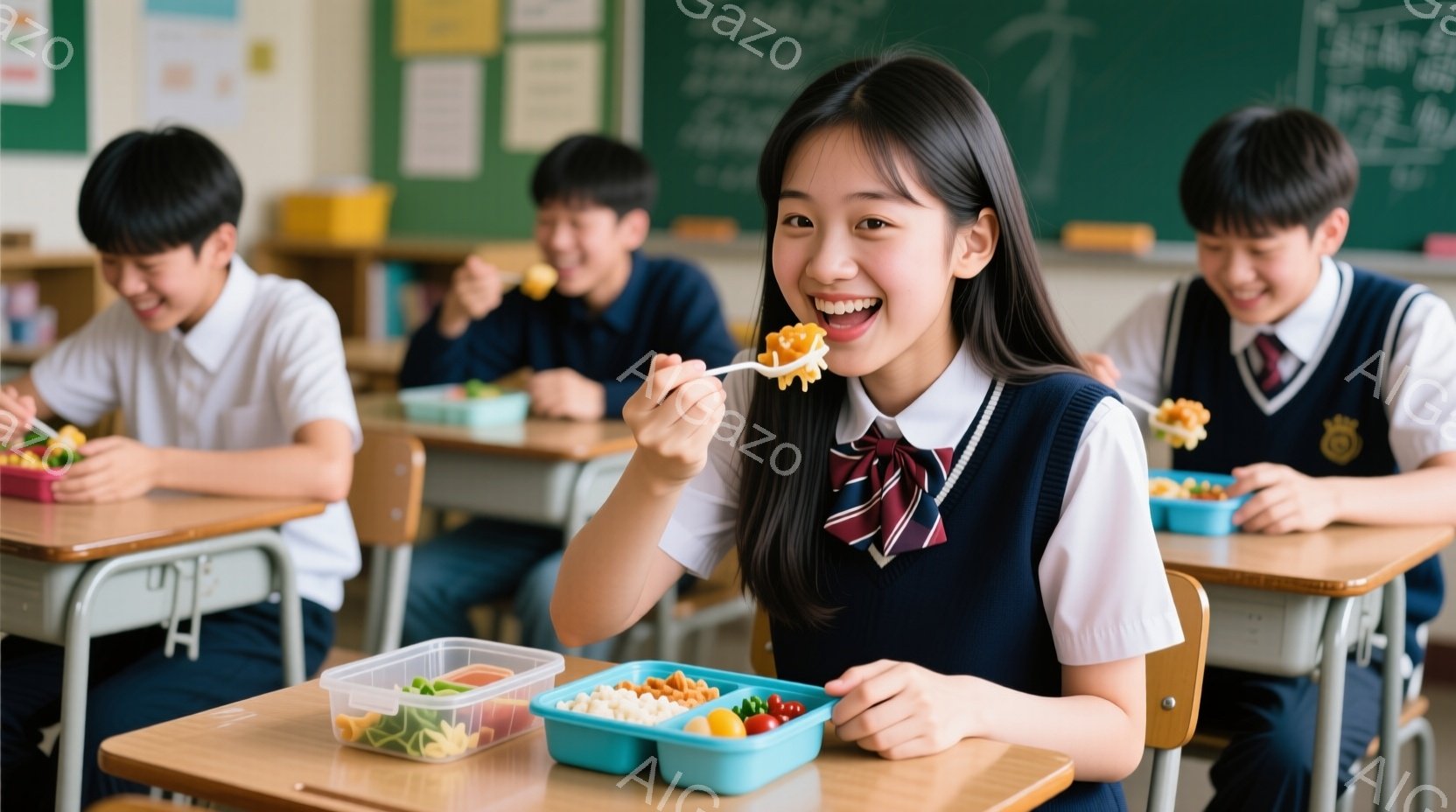 教室で給食を食べる女子高生が写っています。彼女は紺色のブレザーにチェックのネクタイ、白いシャツを着ており、明るい笑顔でフォークで給食の野菜を口に運んでいます。教室の背景には他の生徒が給食を食べており、全体的に明るく活気のある雰囲気です。