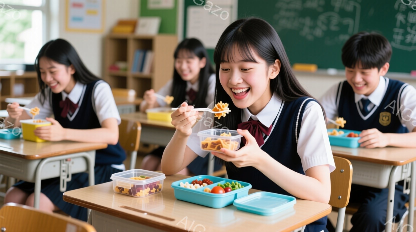 制服を着た女子生徒たちが教室で昼食をとっている様子が写っている。彼女たちは皆、明るい笑顔で、お弁当箱からフォークを使って食事を楽しんでいる。教室は木製の机と椅子で整えられ、窓からは自然光が差し込み、活気にあふれた雰囲気である。