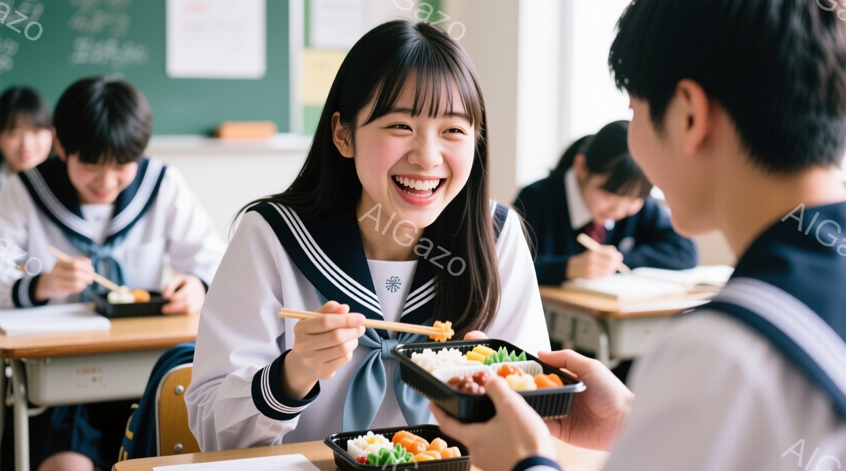 制服を着た女子生徒が、お弁当を美味しそうに食べている様子が写っています。彼女は黒髪のストレートヘアで、満面の笑みを浮かべており、活気に満ちた雰囲気が伝わってきます。背景には教室の机や他の生徒が見え、学校での昼食風景であることがわかります。