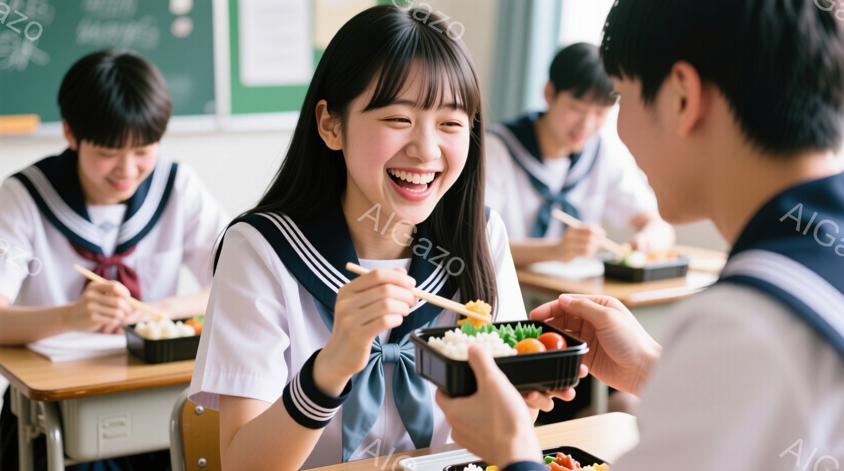 制服を着た女子高生が、弁当を美味しそうに頬張っており、満面の笑顔を見せている。彼女の背後には、同様の制服を着たクラスメイトたちが授業中に食事をとる様子がうかがえる。教室の背景には黒板があり、明るい光が差し込み、和やかで楽しい雰囲気を作り出している。