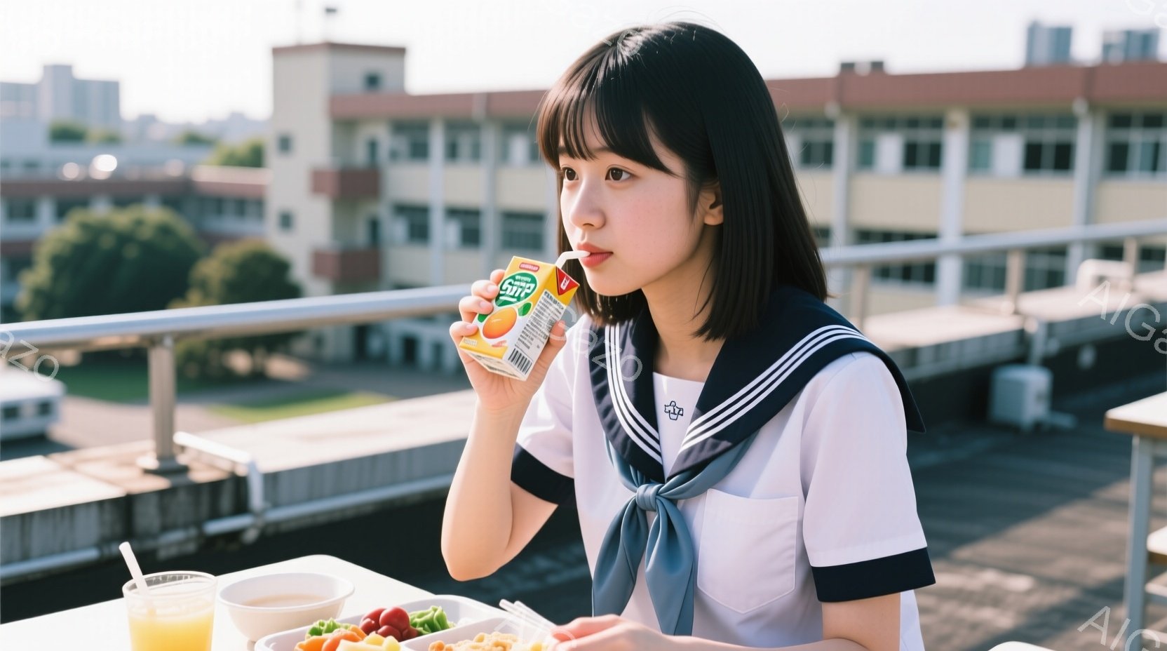 制服を着た若い女性が、屋上のテーブルでオレンジジュースを飲んでいる様子が写っています。彼女は黒髪のショートボブで、少し微笑んだ表情をしており、リラックスした雰囲気です。背景には建物や緑が見え、晴天の下、開放的な空間で朝食をとっているようにも見えます。