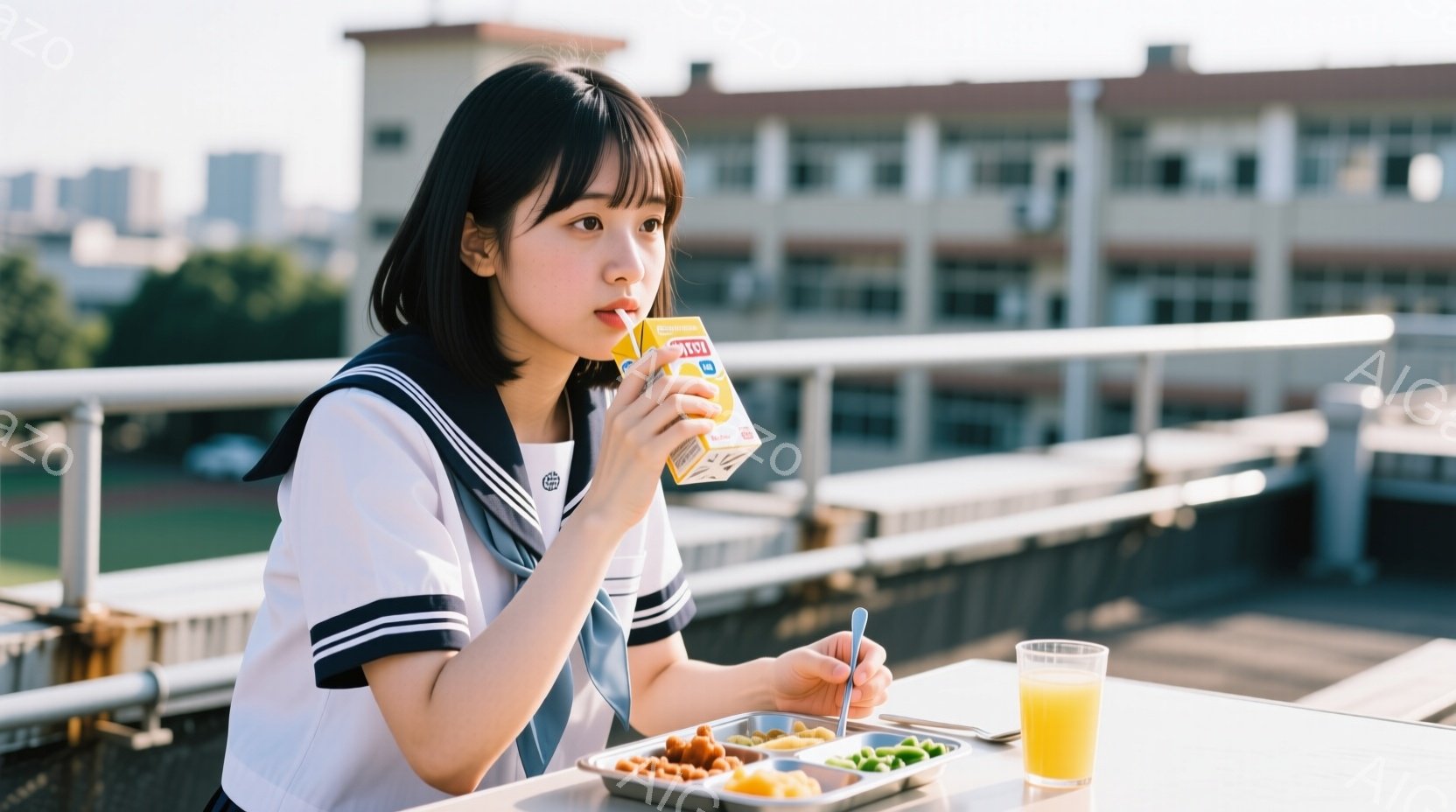 制服姿の女子学生が、屋上らしき場所で牛乳パックから直接飲んでいる様子が写っている。彼女は黒髪のショートヘアで、少し微笑んだ表情をしており、リラックスした雰囲気である。背景には建物や青空が見え、晴れた日の穏やかなランチタイムを表現している。