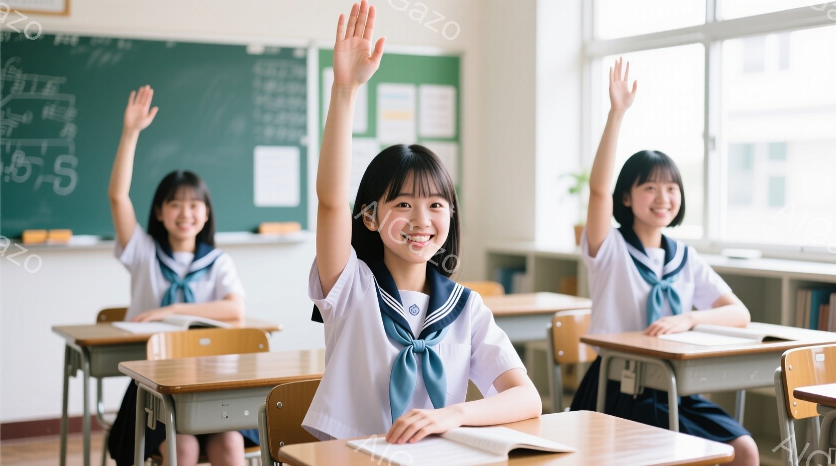 制服を着た女子高生が教室で授業に参加しています。彼女たちは皆、右手を挙げて積極的に発言しようとしており、明るい笑顔を見せています。教室には木製の机と椅子が整然と並び、黒板には文字が書かれており、活気の - AI生成フリー素材