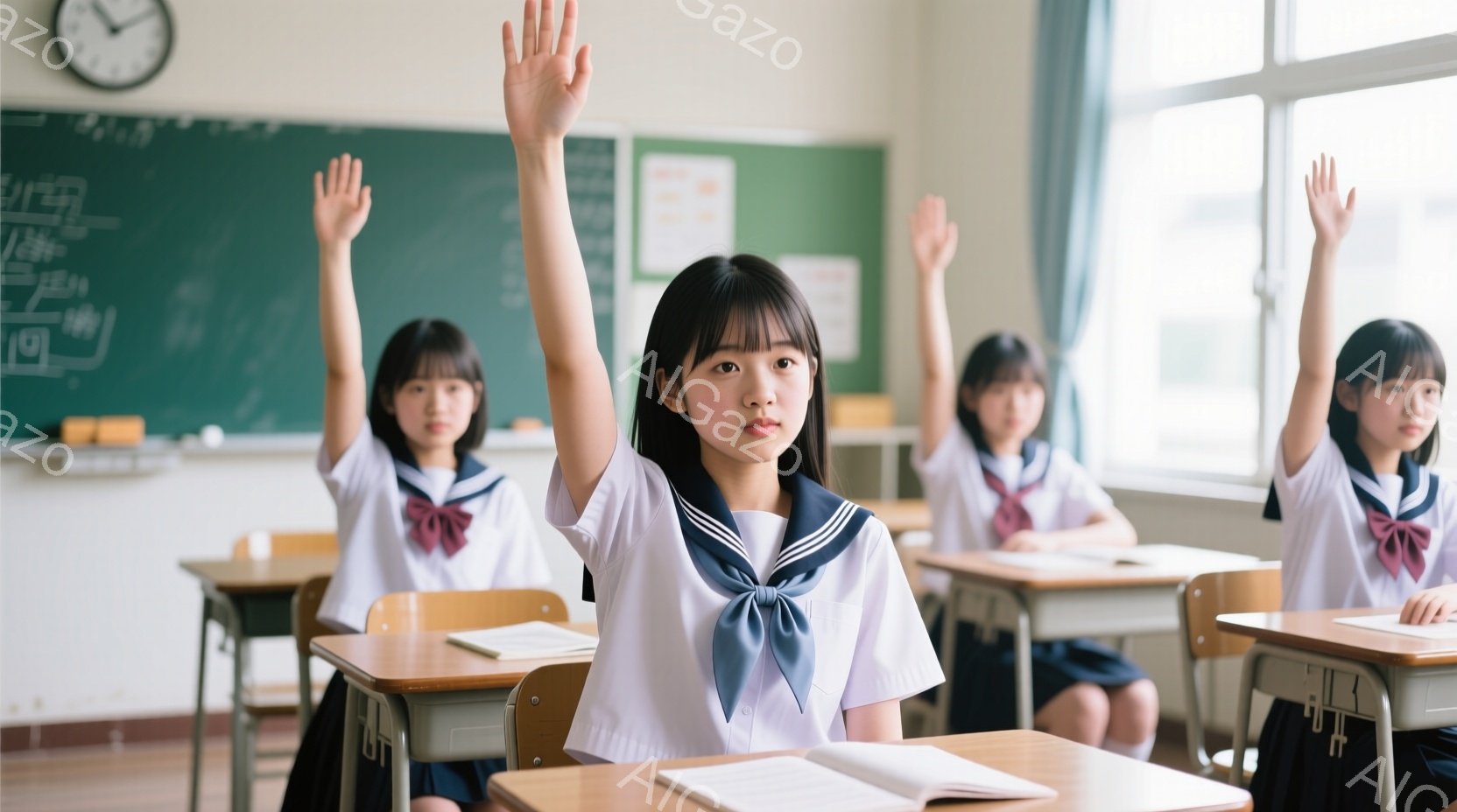 制服を着た女子学生たちが教室で授業を受けている様子が写っている。紺色のブレザーに白いシャツ、赤いネクタイ、プリーツスカートという典型的な女子高生の制服を着ており、数人が手を挙げて質問または発言をしているようだ。教室には木製の机と椅子が並び、黒板と時計が背景に見え、集中した学習の雰囲気が漂っている。