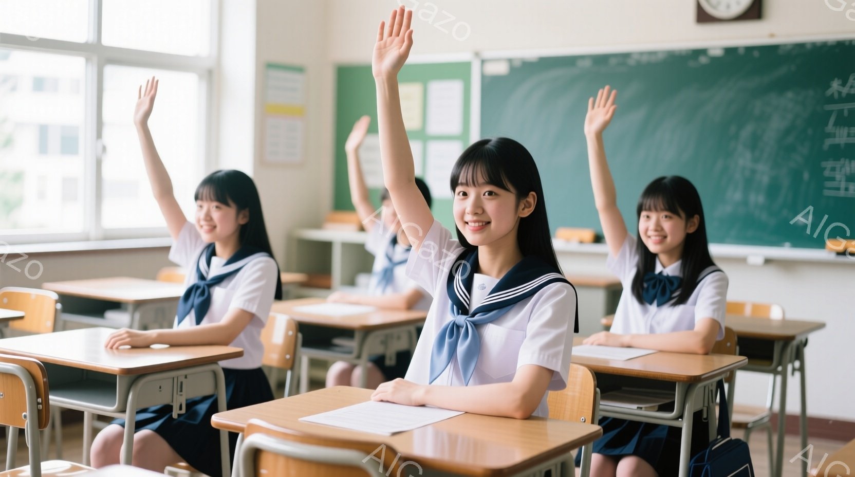 制服を着た女子学生たちが教室で手を挙げています。紺色のブレザーに白いシャツ、そして赤いネクタイとプリーツスカートを着用しており、皆笑顔で授業に参加しているようです。教室は明るく、背景には黒板があり、学 - AI生成フリー素材