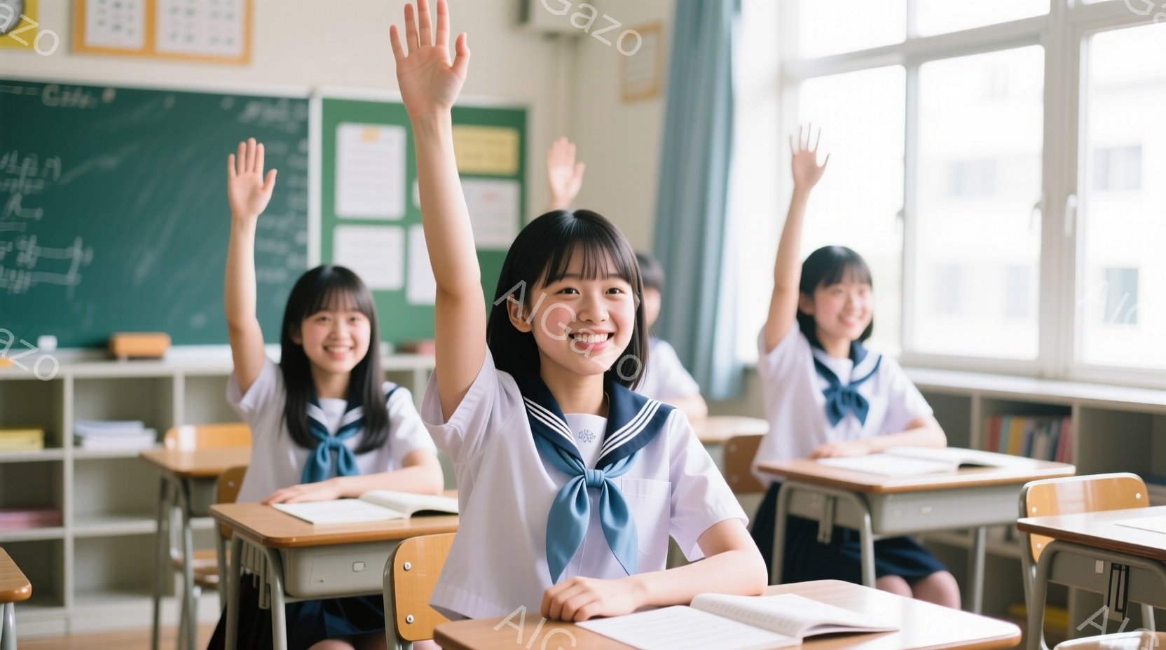 制服を着た女子学生たちが教室で手を挙げています。彼女たちは皆、笑顔で活気があり、茶色の髪に前髪のあるスタイルです。教室には木製の机と椅子が整然と並び、黒板には文字が書かれ、明るい日差しが差し込んでいま - AI生成フリー素材