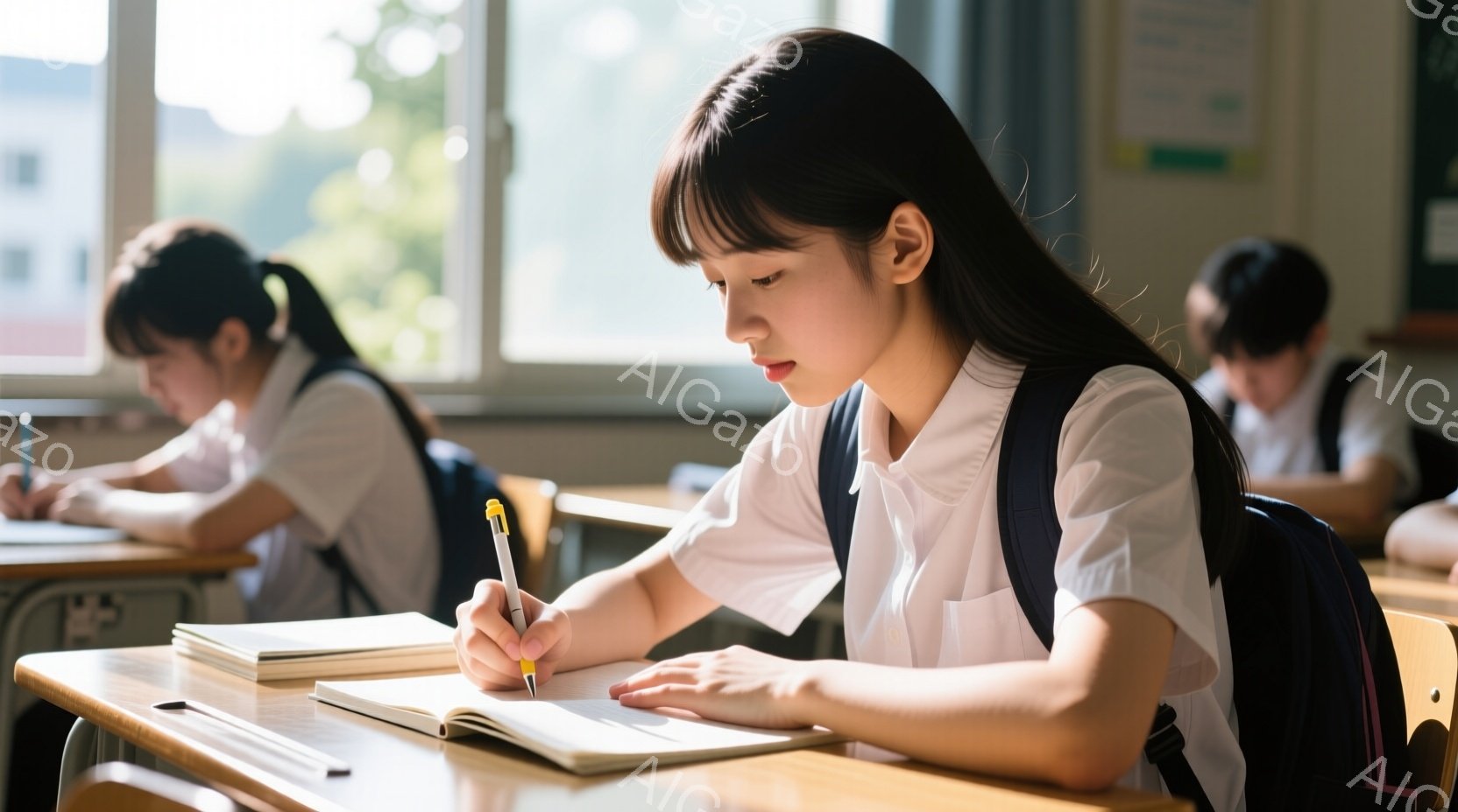 制服を着た女子学生が、教室でノートに集中して書き込んでいる様子が写っています。彼女は黒いロングヘアで、前髪は眉毛にかかる程度に整えられています。教室の窓からは自然光が差し込み、明るい雰囲気で、背景には - AI生成フリー素材