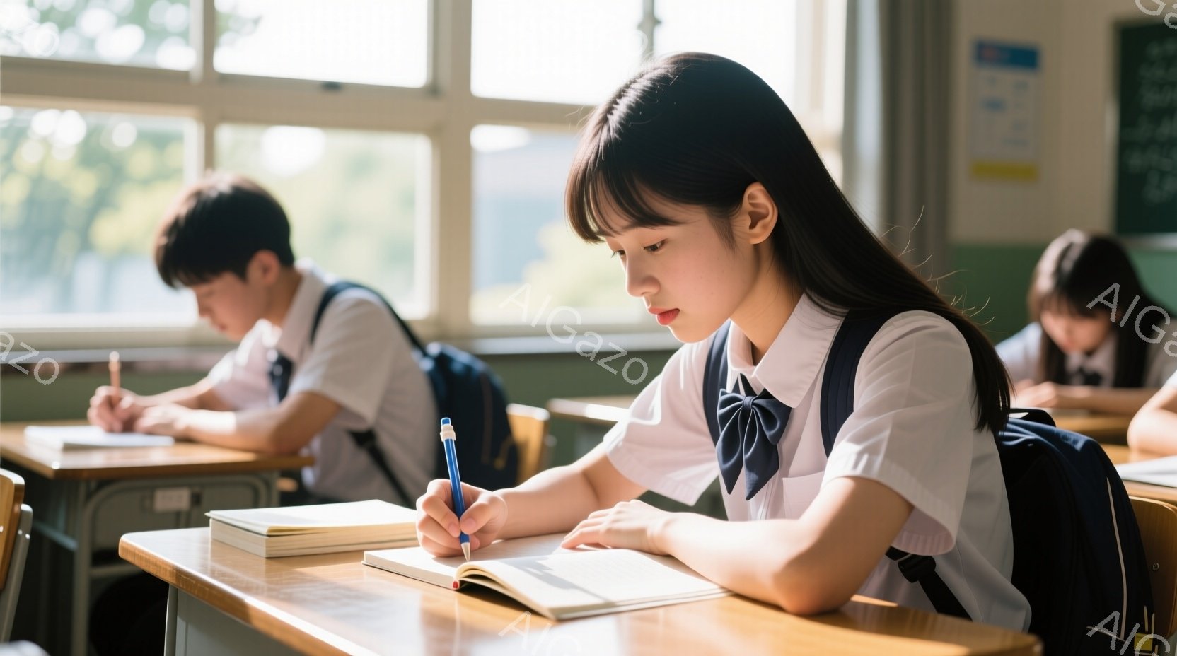 制服を着た女子生徒が教室で授業を受けている様子が描かれている。彼女は濃い色の前髪を下ろし、真剣な表情でノートに青いペンで書き込んでいる。背景には他の生徒や木製の机が並び、教室の窓からは自然光が差し込み - AI生成フリー素材