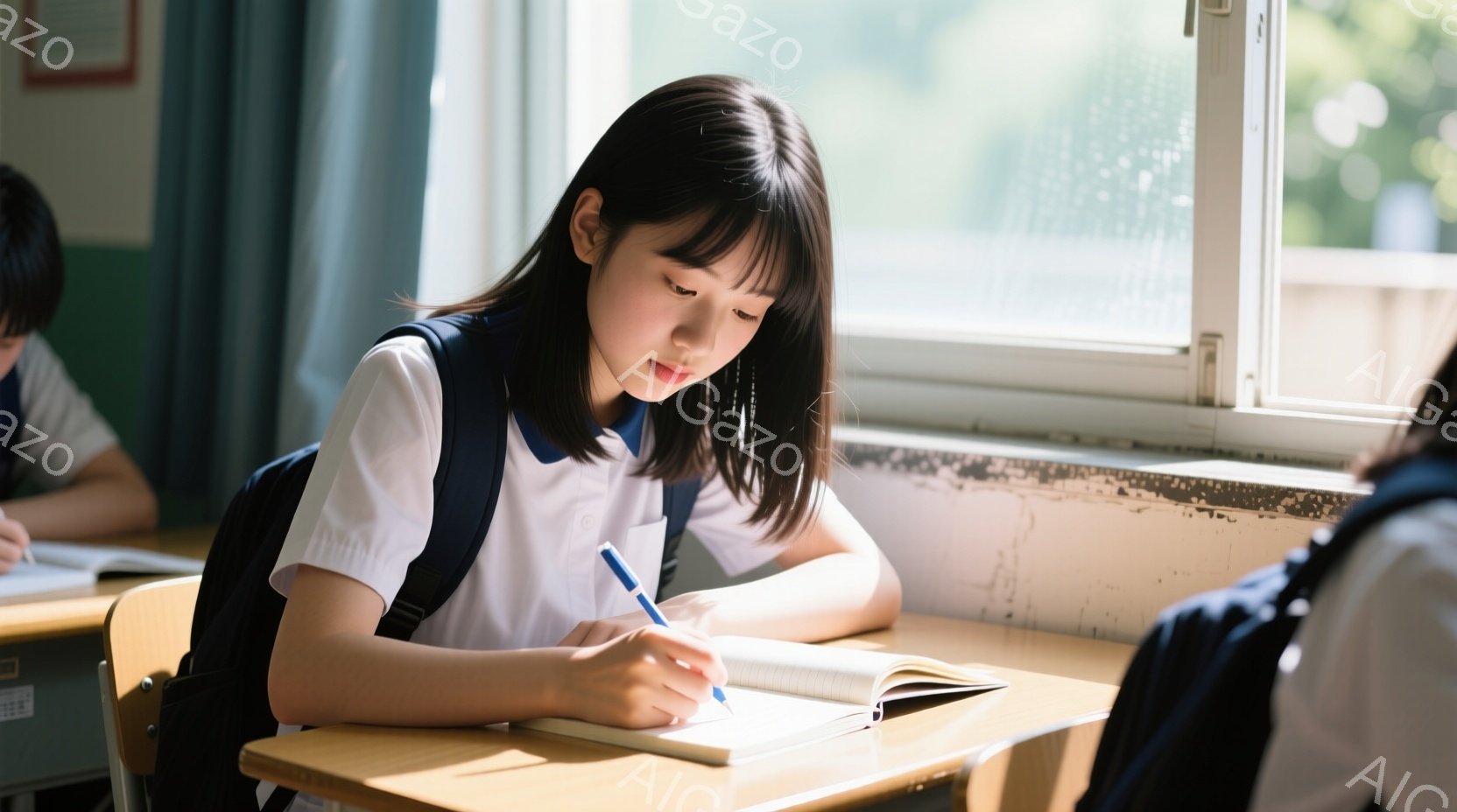 制服を着た女子学生が、窓からの光が差し込む教室でノートに何かを書き込んでいる。彼女は黒髪のショートヘアで、やや集中した表情をしている。教室には木製の机が並び、明るく静かな雰囲気が漂っている。