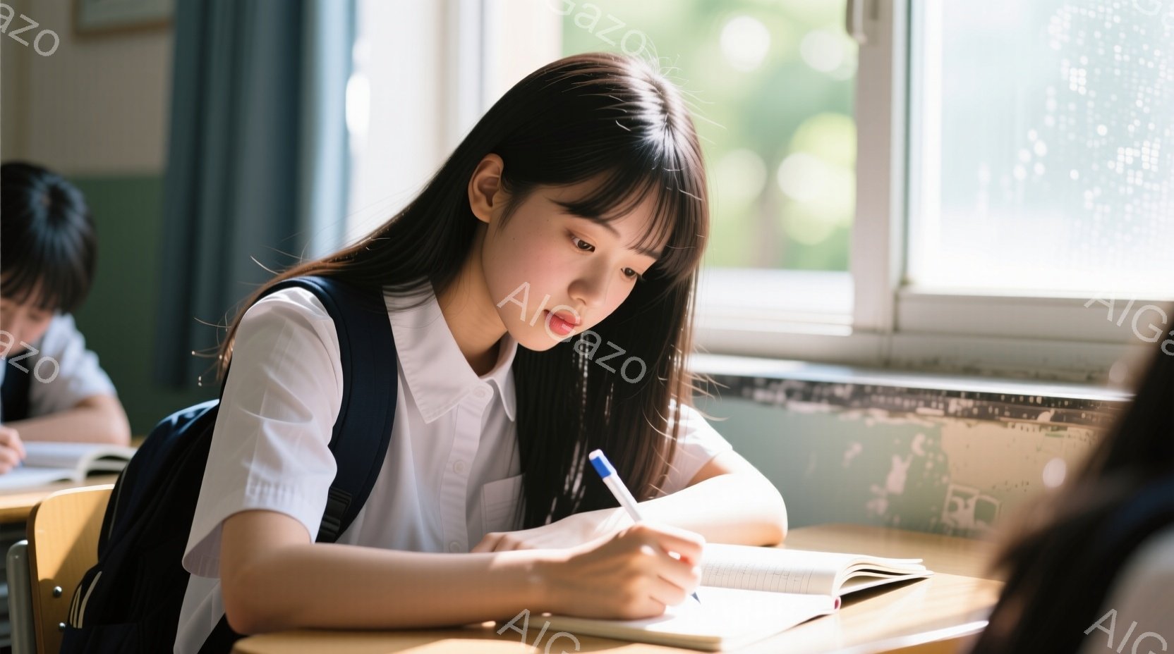 教室で実験を行う子供たちが写っています。制服を着た少年はカメラに向かって満面の笑みを浮かべ、実験器具と試験管が並んだ机に座っています。背景には、他の生徒たちが実験に集中している様子や、黒板、実験台が見え、明るく活気のある雰囲気です。