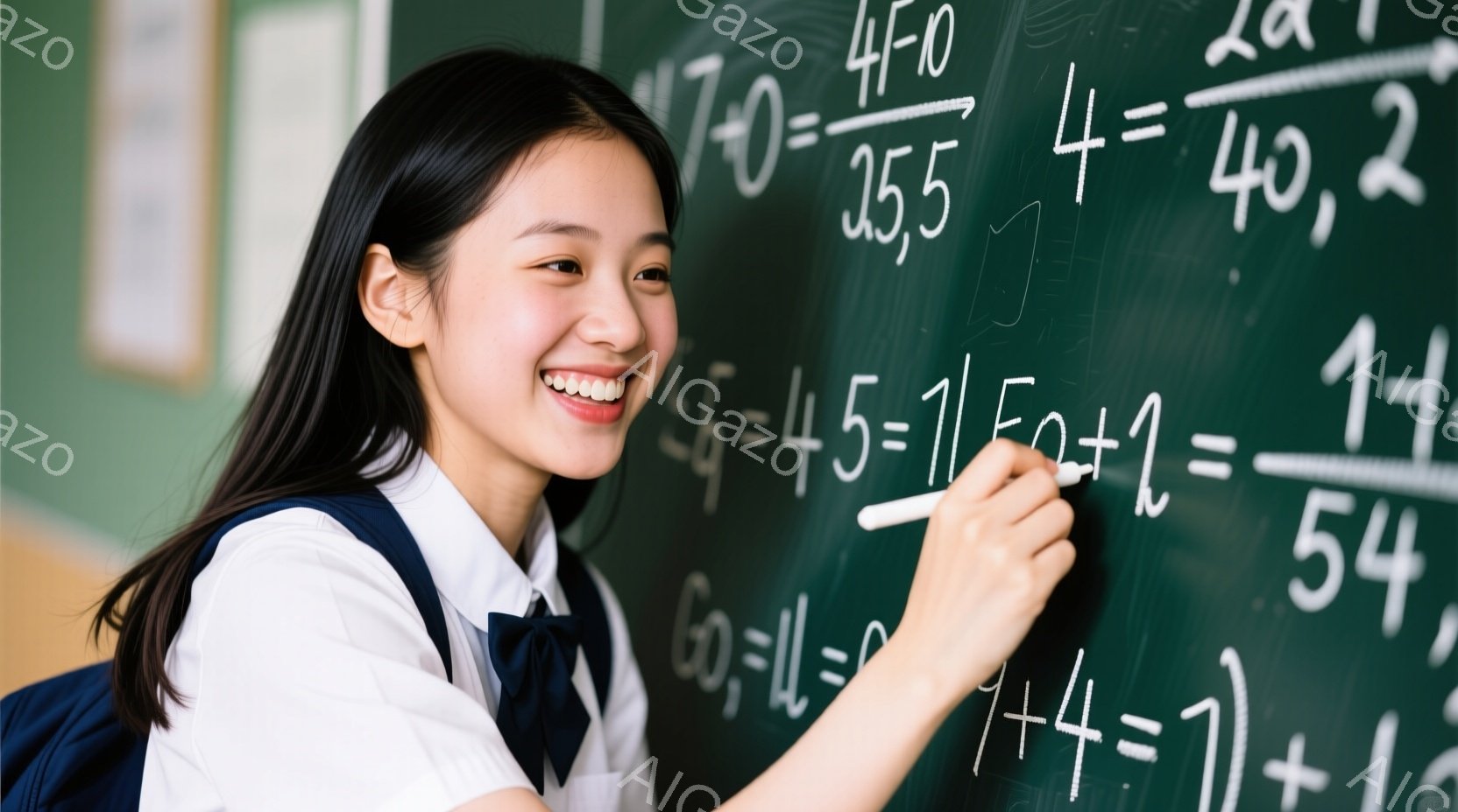 制服を着た若い女性が描かれています。彼女は微笑みながらチョークを持って黒板に向かって立っており、髪は肩まで伸びています。黒板には数学の問題が書かれており、背景は教室の一部に見えます。