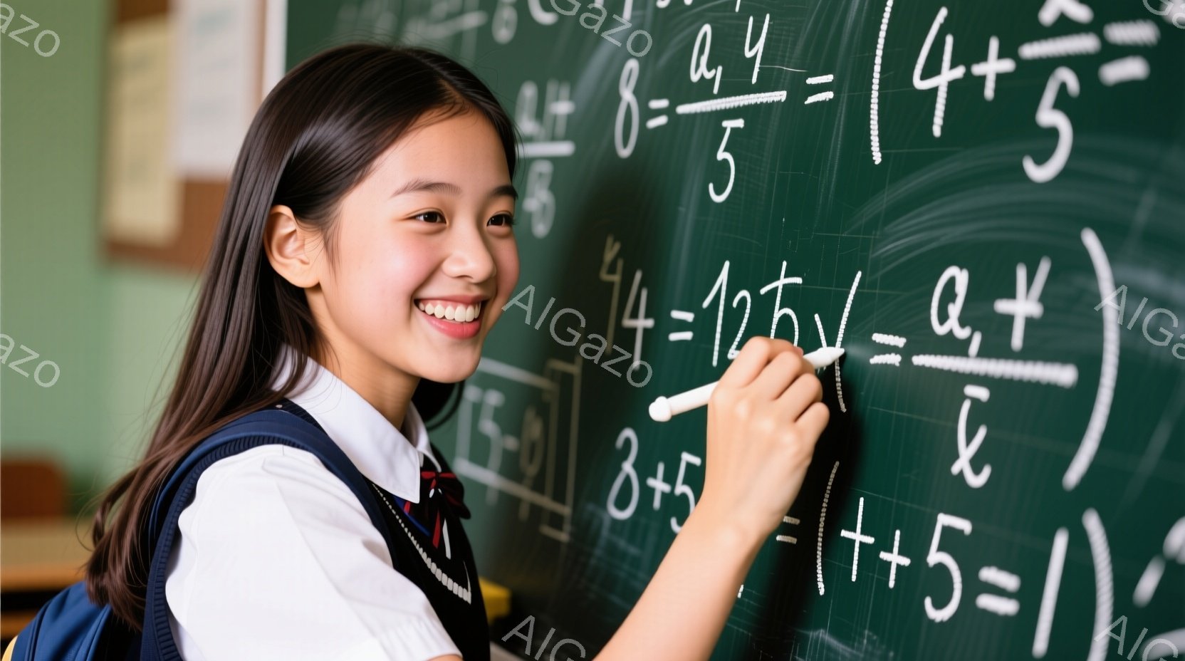 少女は白いブラウスとネクタイ、紺色のブレザーを着て、数学の数式が書かれた黒板の前で微笑んでいます。彼女は右手に白いチョークを持ち、黒板に何かを書き込んでいる最中です。背景は教室で、数式と光が差し込み、明るく学習意欲を掻き立てる雰囲気です。
