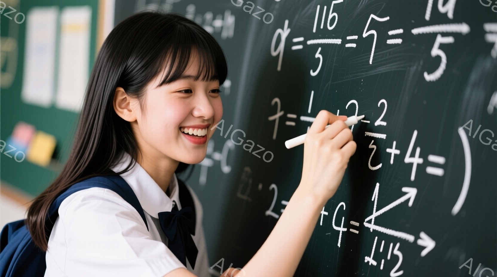 制服姿の若い女性がキッチンで野菜を切っています。彼女は黒髪のショートヘアで、真剣な表情でまな板に向かっています。背景にはガスコンロやシンクが見え、明るく清潔なキッチンが広がっています。