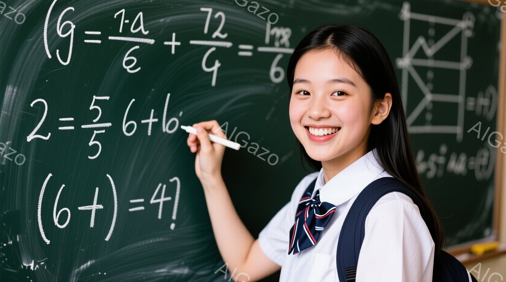 黒板の前でチョークを持っている笑顔の若い女性が写っています。彼女は白いシャツにネクタイ、紺色のブレザー、そしてリュックサックを着用しており、髪は後ろで一つにまとめられています。背景には数学の公式や図形が描かれており、教室のような雰囲気で、彼女は自信に満ちた表情で数学の問題に取り組んでいるようです。