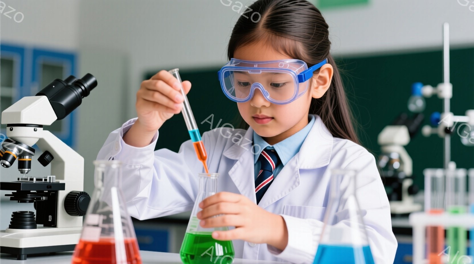 黒髪をツインテールにした少女が、実験室で実験を行っている。白い実験着を着ており、安全ゴーグルをかけて集中した表情で試験管にオレンジ色の液体を滴下している。背景には顕微鏡や様々な色の液体が入ったビーカーが並び、科学の探求心を掻き立てる雰囲気である。