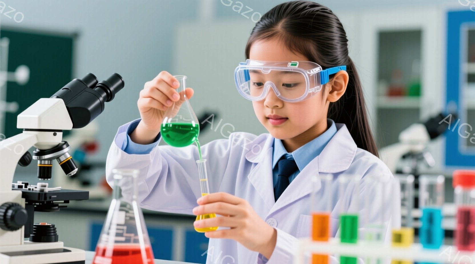 少女は実験室で保護メガネと白衣を着用し、試験管とフラスコを使って実験を行っています。彼女は真剣な表情で液体を注意深く観察しており、科学への強い関心を示しています。背景には顕微鏡や様々な色の試験管が並び、実験室の様子が伺えます。
