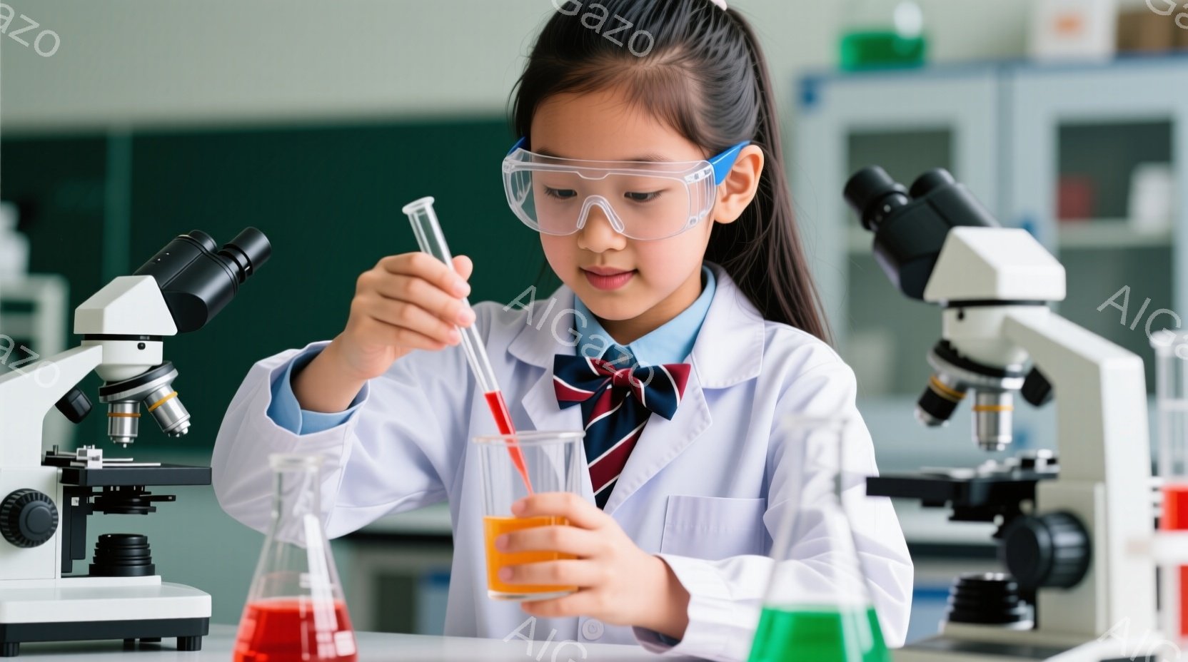 白衣を着て、髪を後ろで一つにまとめた若い女性が実験を行っています。彼女はゴーグルをかけ、試験管とビーカーを使って液体を混ぜています。背景には顕微鏡が並び、科学的な実験室の雰囲気が漂っています。