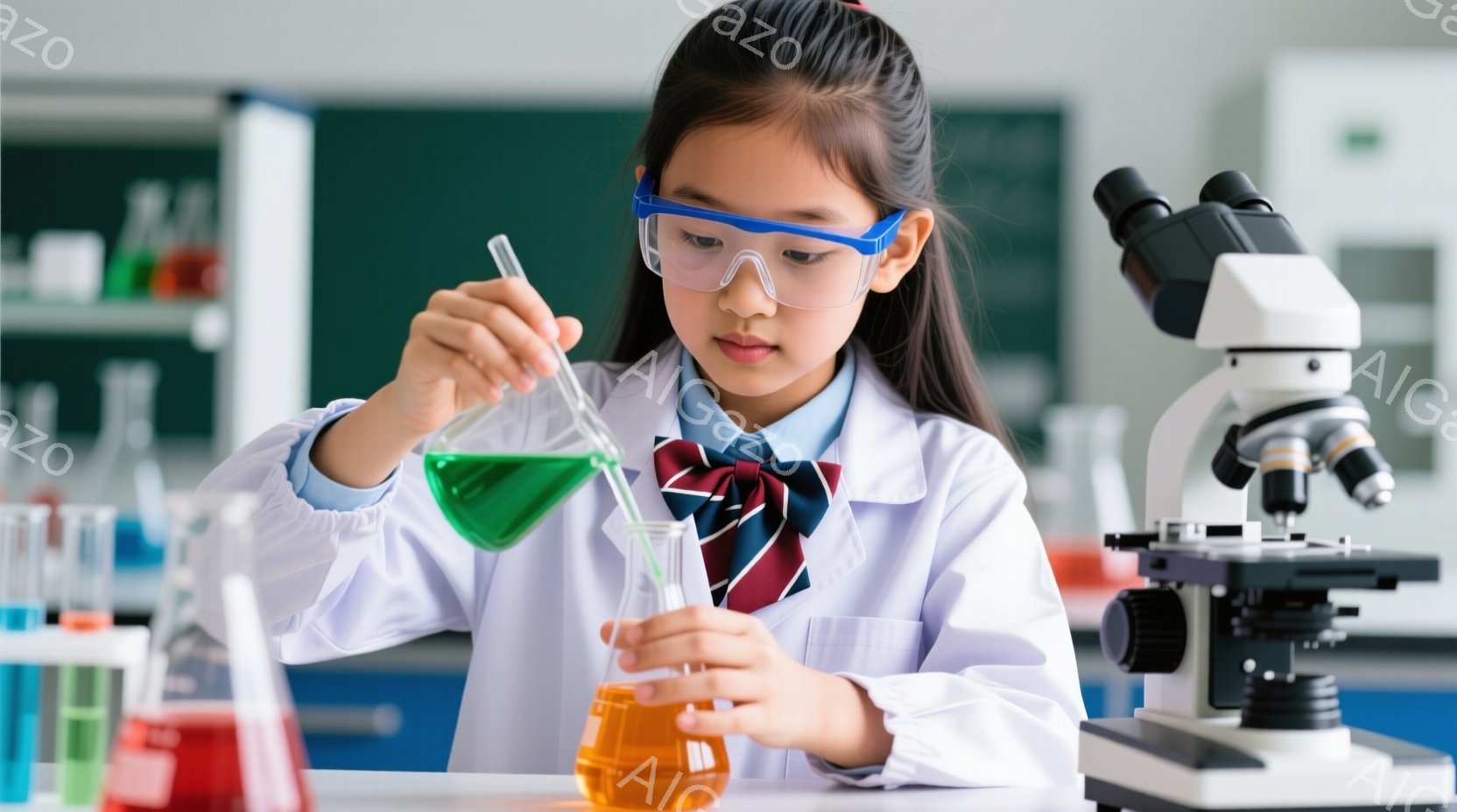 白衣を着て髪を後ろでまとめた少女が、試験管から別の試験管へ緑色の液体を慎重に移し替えている。彼女は安全ゴーグルを着用し、集中した表情で実験に取り組んでいる。背景には試験管立てと顕微鏡があり、科学実験室のような空間であることがわかる。