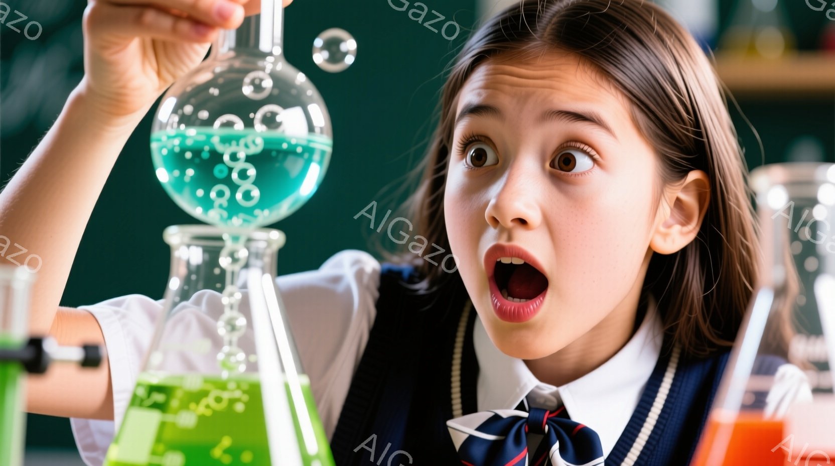 小さな女の子が実験器具に驚いている様子が写っている。彼女は白いシャツにネイビーのベスト、そしてネクタイを着用しており、髪は肩まで伸びて少しカールしている。背景には様々な実験器具が並び、まるで科学の実験室のようだ。