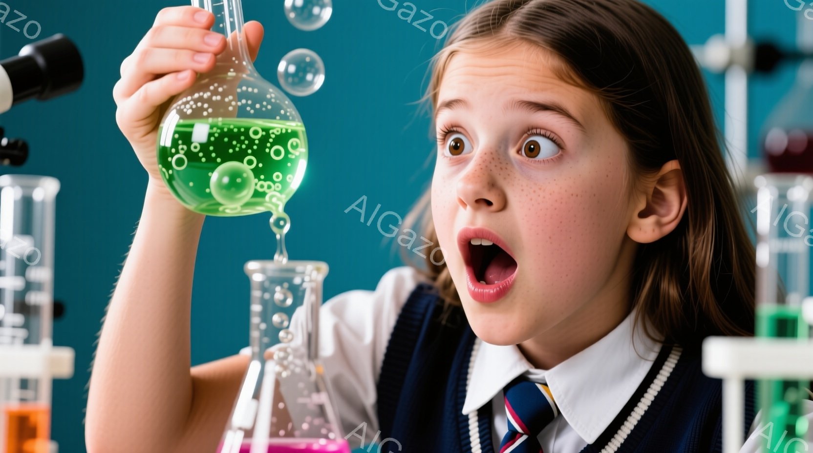 赤毛でそばかすのある少女が、驚いた表情でフラスコから別のフラスコへと緑色の液体を注いでいます。彼女はネクタイとベストを着た制服姿で、実験室のような背景に様々な試験管やフラスコが並んでいます。全体的に、実験の成功に驚き、興奮している様子が伝わってきます。