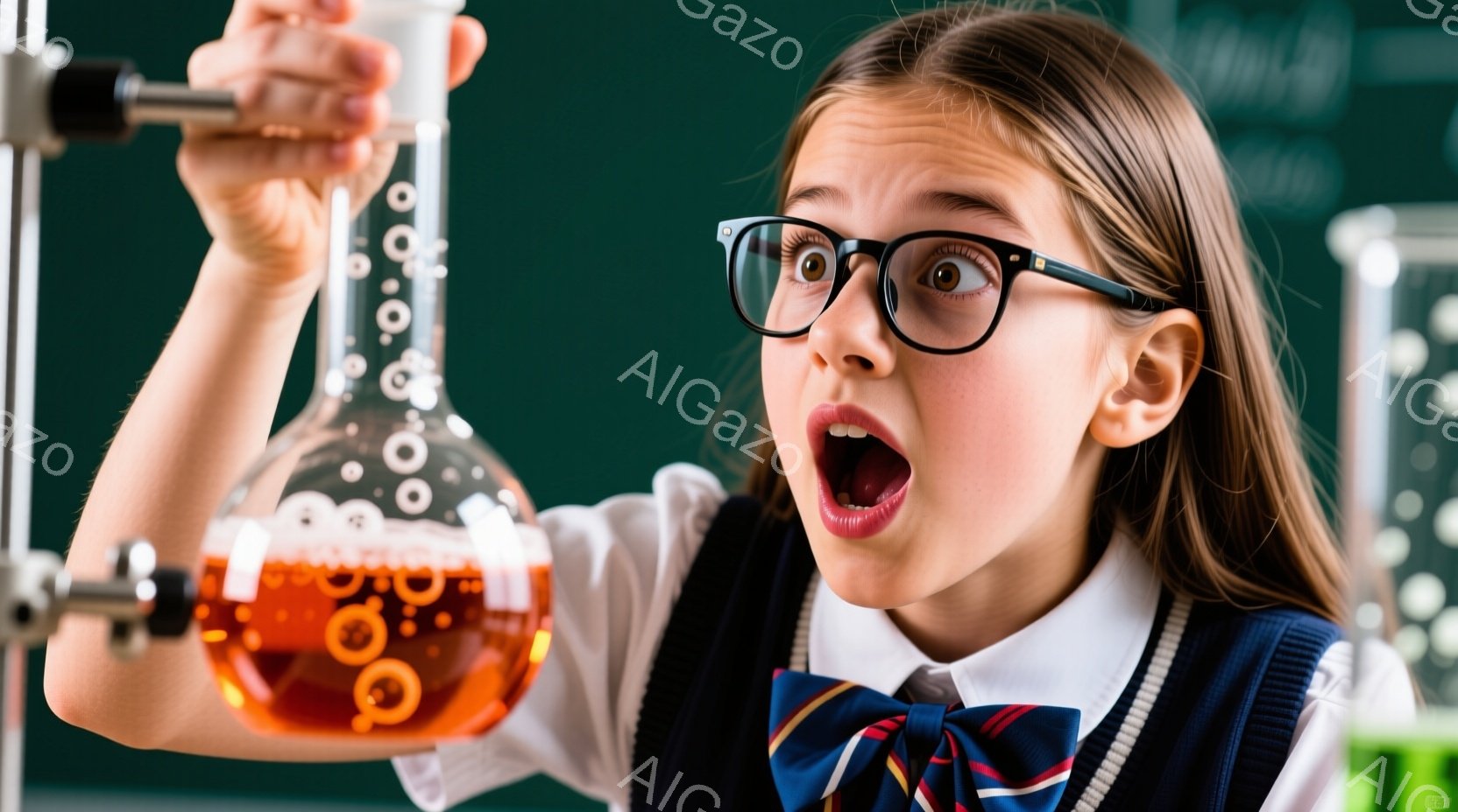 茶髪を三つ編みにした少女が、驚いた表情で試験管を見つめている。彼女は白いシャツにネイビーのベスト、そしてチェックのボウタイを着用しており、科学実験に取り組んでいる様子が伺える。背景には実験器具が並び、科学教室のような空間で、活気と好奇心に満ちた雰囲気が漂っている。
