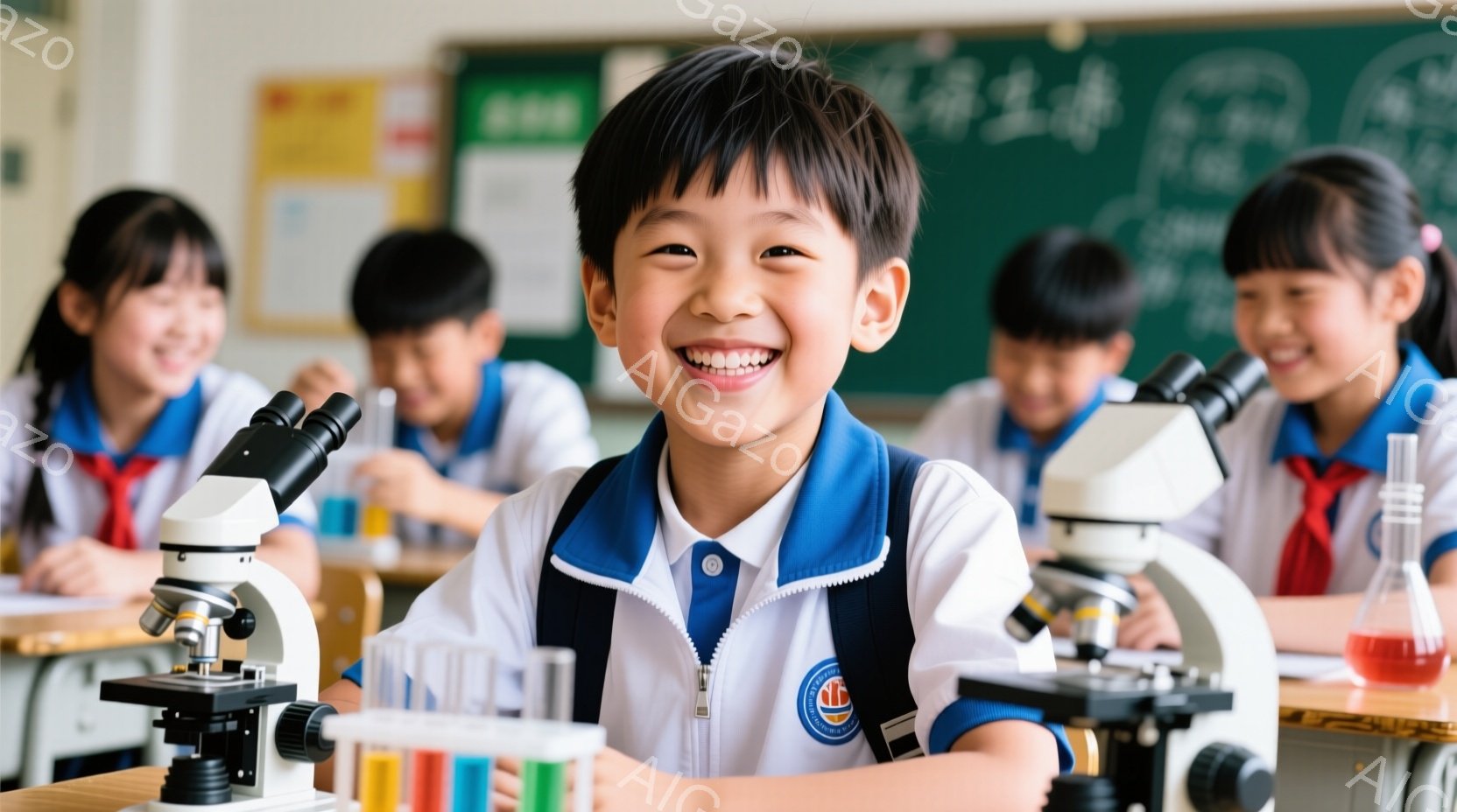 教室で科学実験を行う生徒たちが写っている。一人の男の子がカメラ目線で満面の笑みを浮かべ、顕微鏡と試験管が並んだ机に座っている。背景には他の生徒たちも実験に集中しており、教室全体が活気に満ちている。