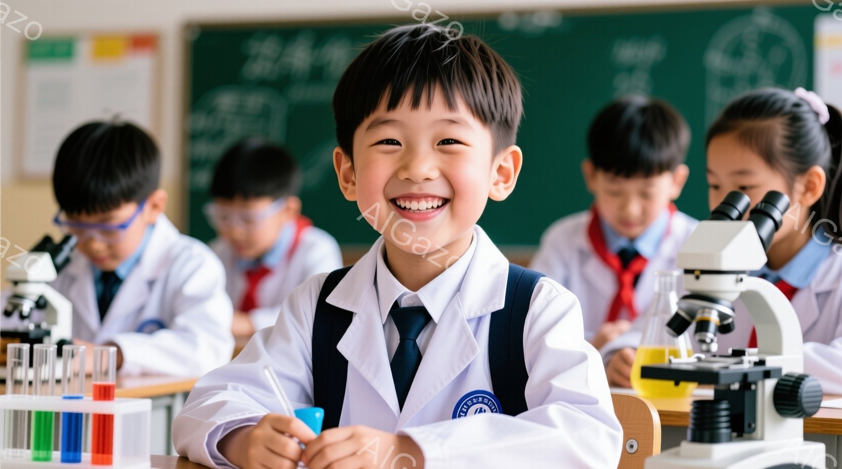 白衣とネクタイを着用した少年が、実験器具が並んだ机の前で微笑んでいます。彼の周りには、同じ服装の他の生徒たちがおり、科学実験に取り組んでいるようです。背景には黒板が見え、教室の活気ある雰囲気が伝わって - AI生成フリー素材