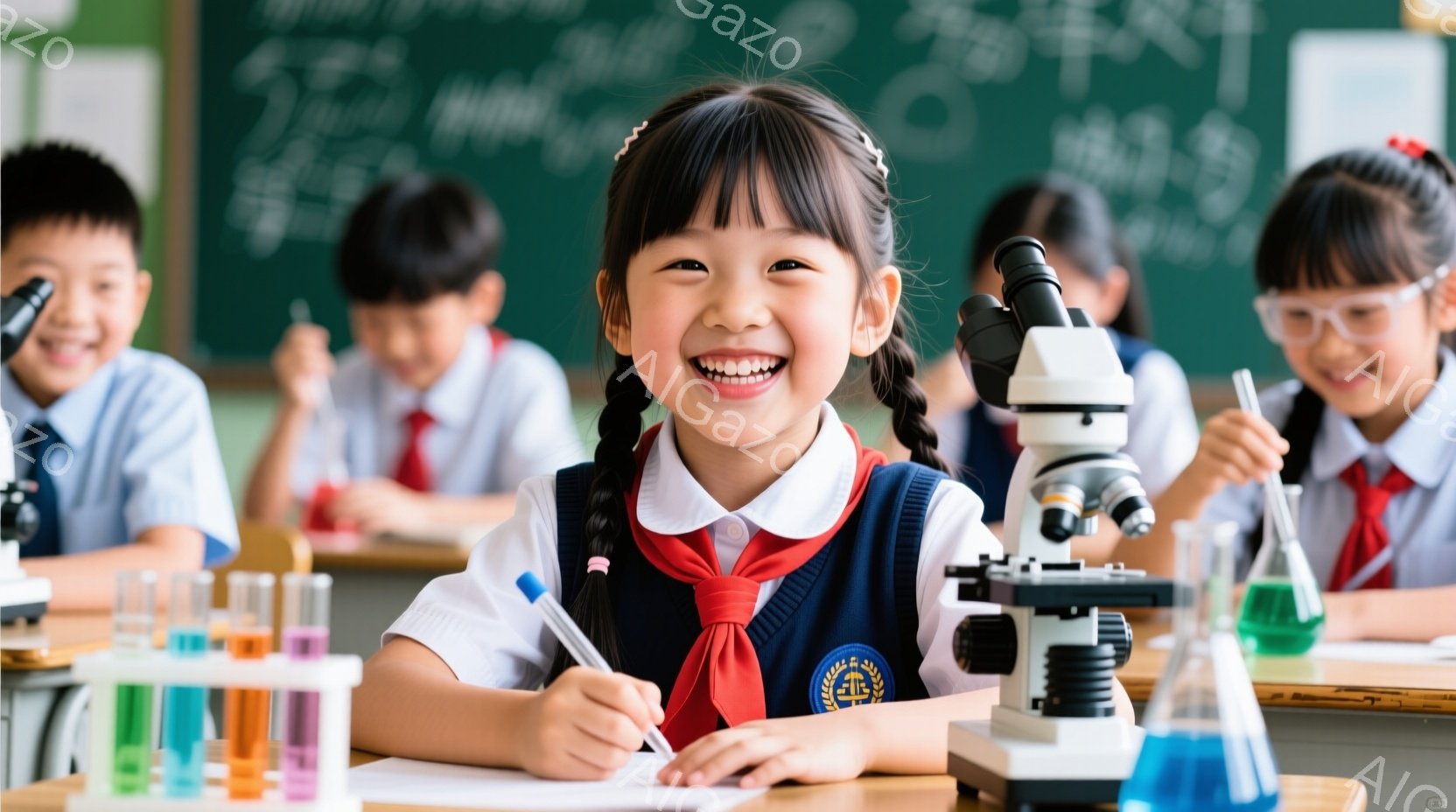 小さな女の子が実験台の前で笑顔でこちらを見ている。彼女は赤いスカーフと紺色のブレザーを着ており、髪は二つに結ばれている。実験台の上には試験管や顕微鏡、そして書き込み中のノートがあり、背景には他の生徒たちが写っている教室の様子がうかがえる。