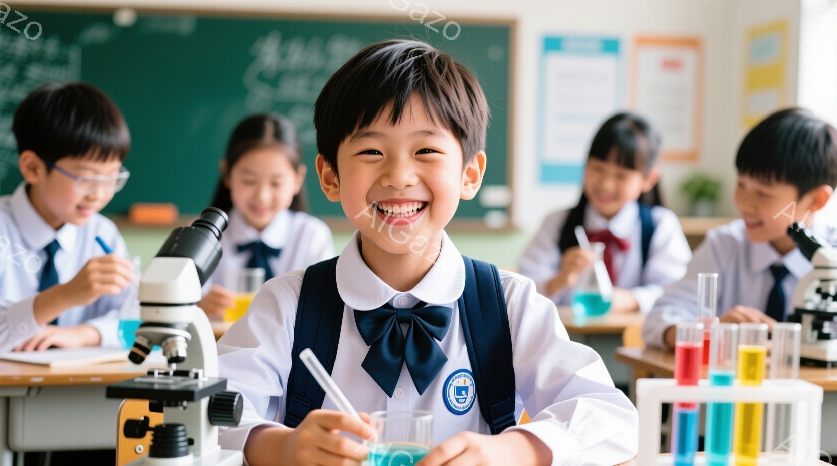 教室で科学実験をしている子供たちの写真です。制服を着た子供たちは、顕微鏡や試験管を使って楽しそうに実験に取り組んでいます。特に、中央の男の子は満面の笑みを浮かべ、実験を楽しんでいる様子が伝わってきます。