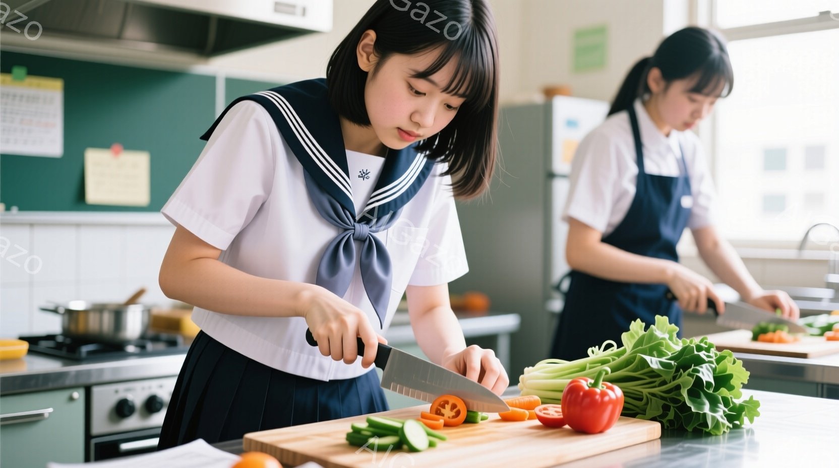 制服を着た女子学生二人が調理実習の最中です。一人はまな板でピーマンやキュウリなどの野菜を切っており、真剣な表情で作業に集中しています。背景には調理器具やステンレス製の棚があり、学校の調理室のような雰囲 - AI生成フリー素材