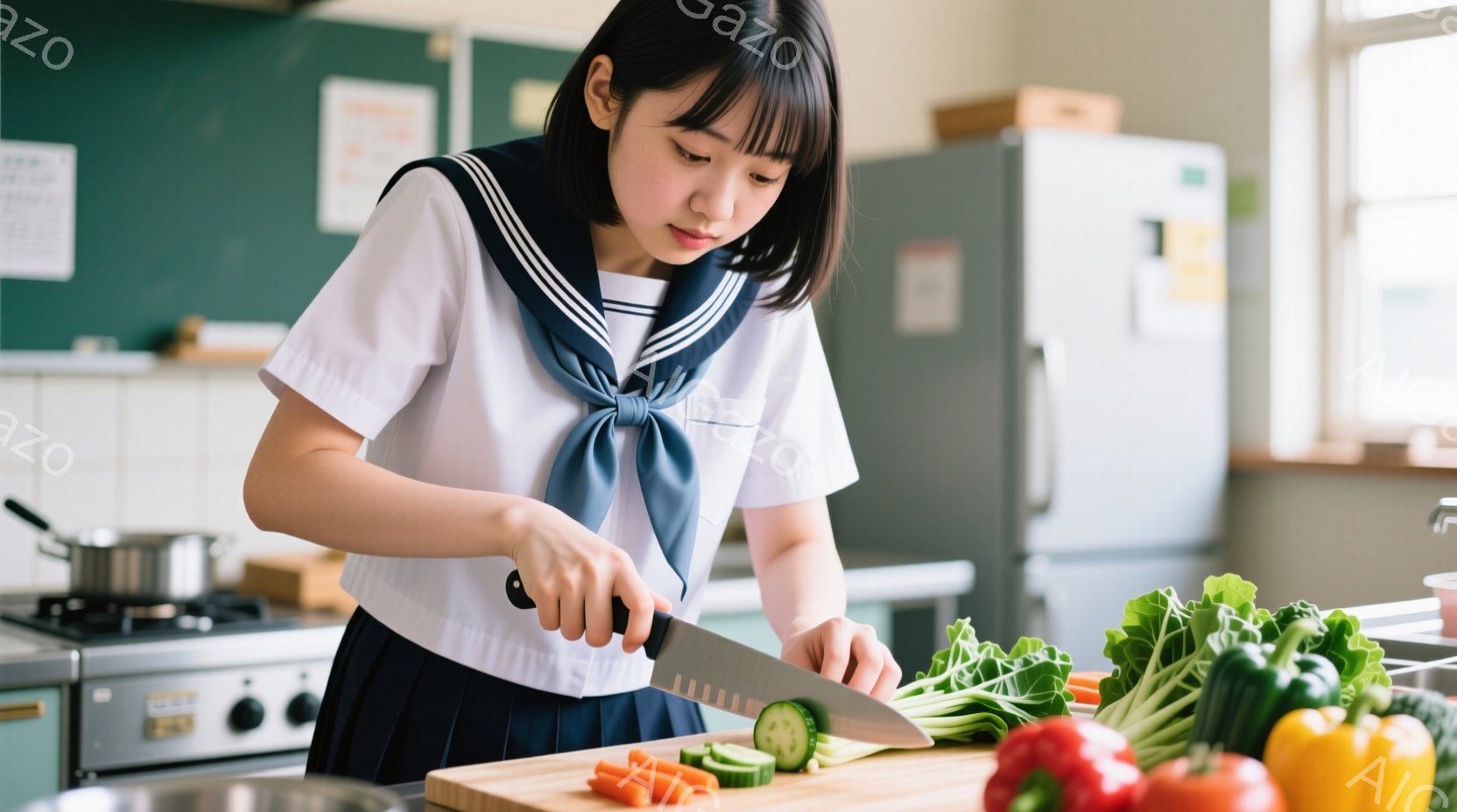 制服姿の女子学生がキッチンで野菜を切っています。彼女は黒いヘアスタイルで、真剣な表情で包丁を握り、まな板の上の野菜を丁寧にカットしています。背景にはガスコンロや冷蔵庫が見え、明るいキッチンは穏やかで家 - AI生成フリー素材