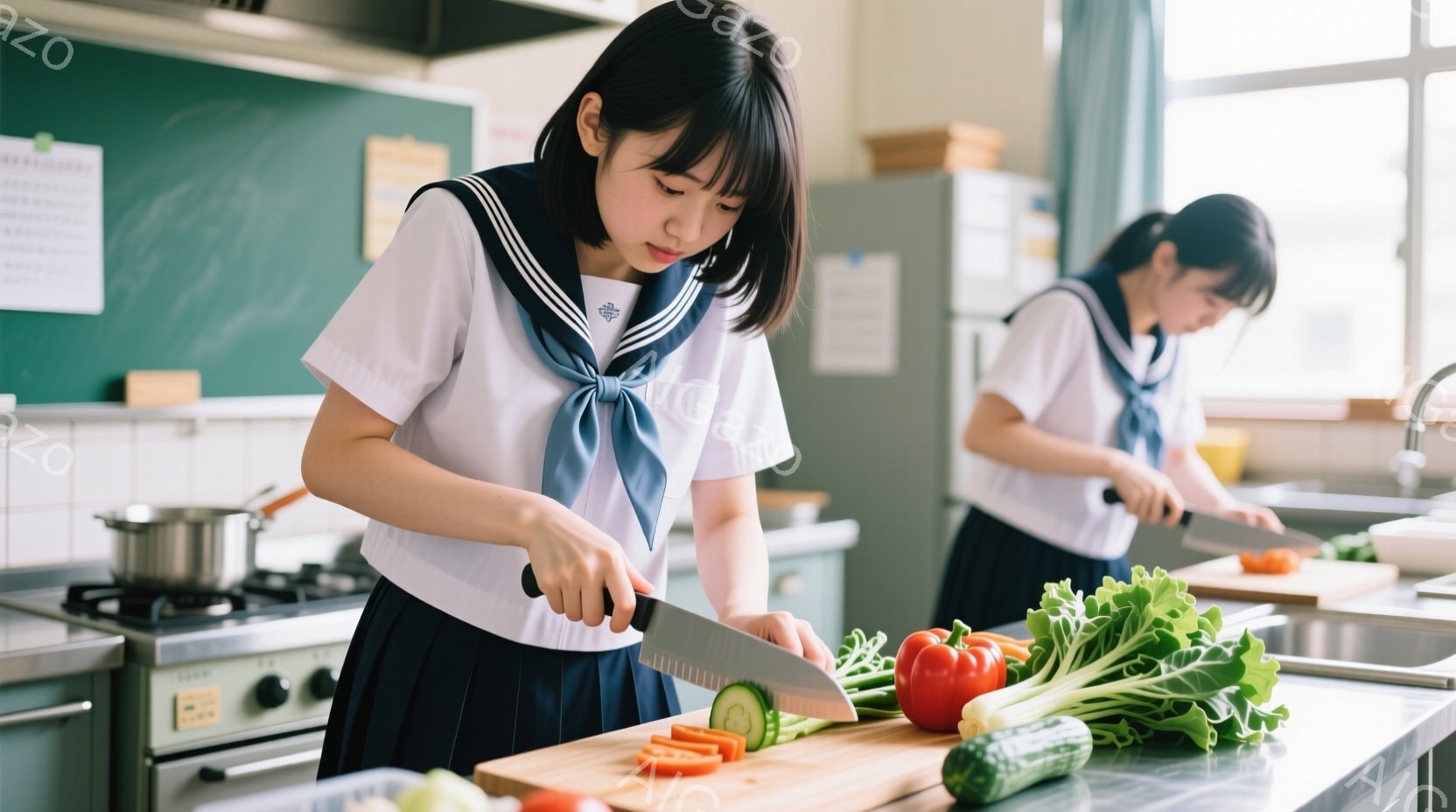 制服姿の女子学生二人が調理実習に取り組んでいます。一人は前かがみになり、まな板の上できゅうりとトマトを切っており、真剣な表情をしています。背景にはガスレンジやステンレス製のシンクが見え、調理室の様子が伺えます。