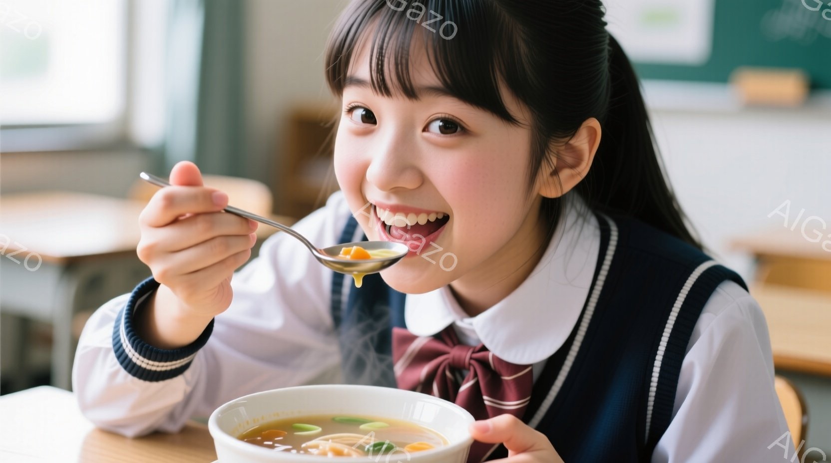 制服を着た少女が、温かいスープをスプーンで口に運んでいます。彼女は明るい笑顔で、楽しそうに食事をしています。背景には教室の机と、少しぼやけた壁が見え、学校での昼食時間の穏やかな雰囲気が伝わってきます。