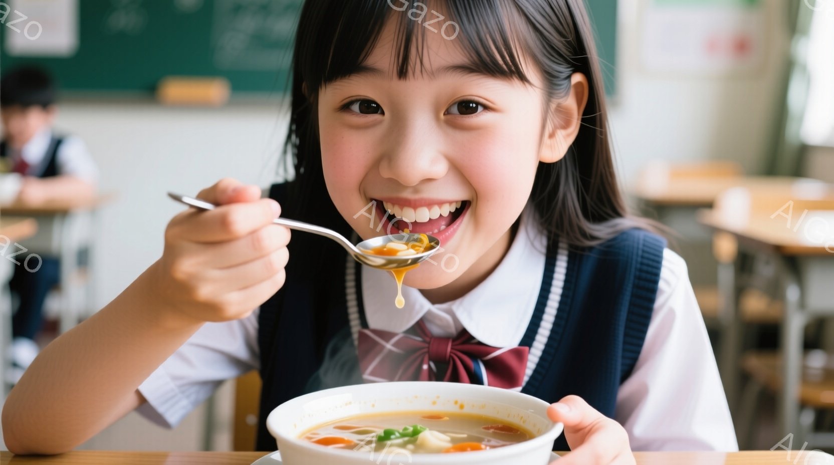 制服を着た少女が、椀に入ったスープをスプーンで美味しそうにすくっています。彼女は明るい笑顔で、前髪を少しだけ横に流したヘアスタイルです。背景には教室らしき空間がぼやけて見え、他の生徒もわずかに確認できます。