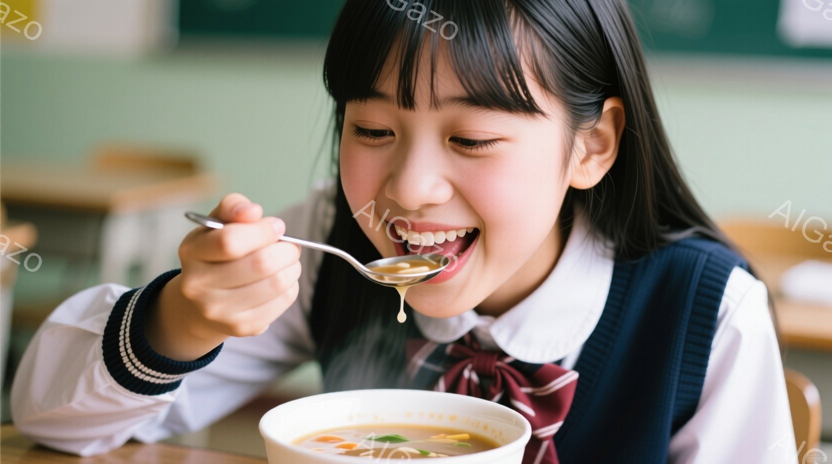 小さな女の子が、白いブラウス、濃い青色のベスト、赤いリボンタイの制服を着て、嬉しそうにスープを口に運んでいます。彼女は短い黒髪で、満面の笑みを浮かべ、スープを食べることに夢中です。背景は、木製のテーブ - AI生成フリー素材
