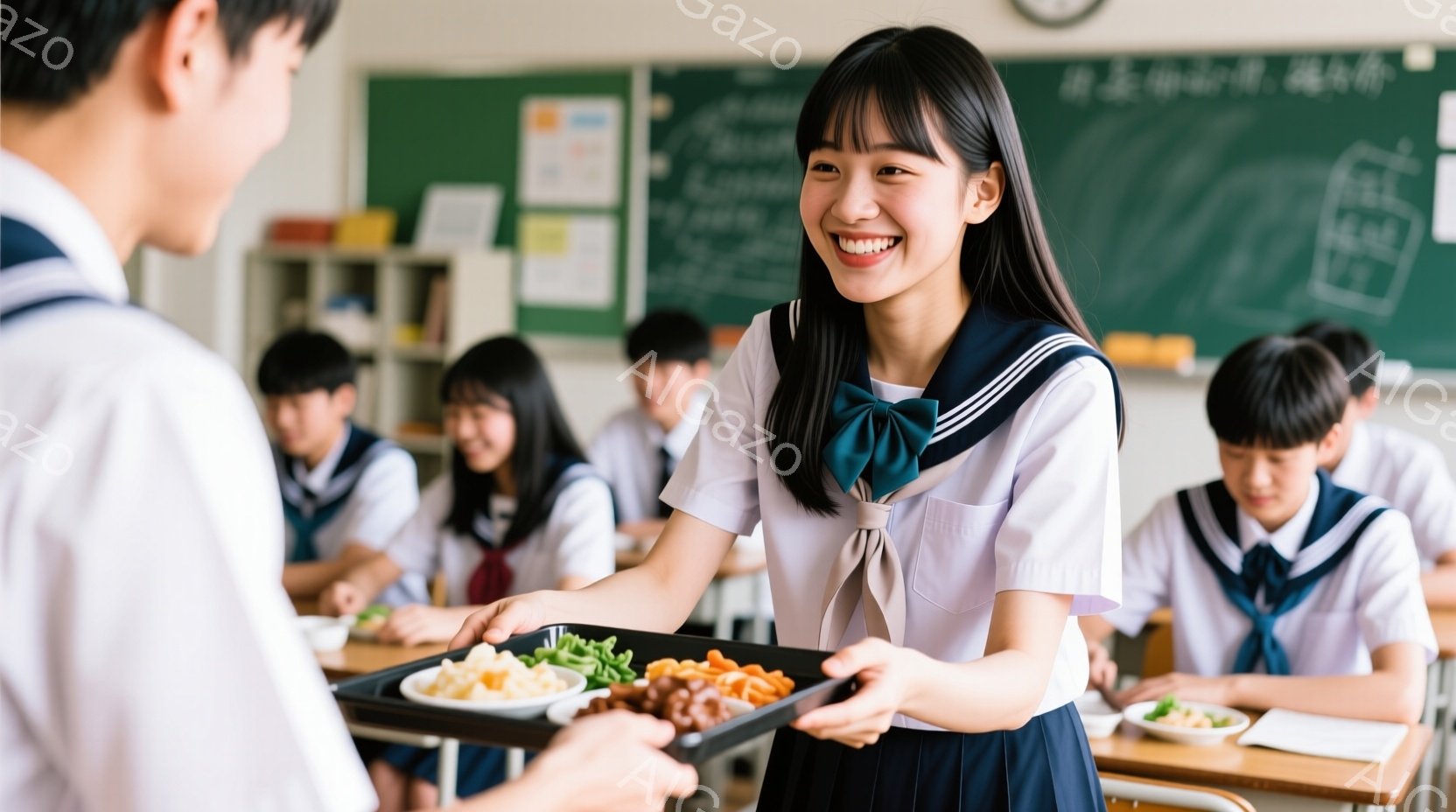 制服を着た女子学生が、給食のトレーをクラスメイトに差し出している様子が写っている。彼女は明るい笑顔で、前髪を下ろしたヘアスタイルに、青いリボンを締めている。教室には他の生徒たちもおり、机にはお昼ご飯が並んでいる。