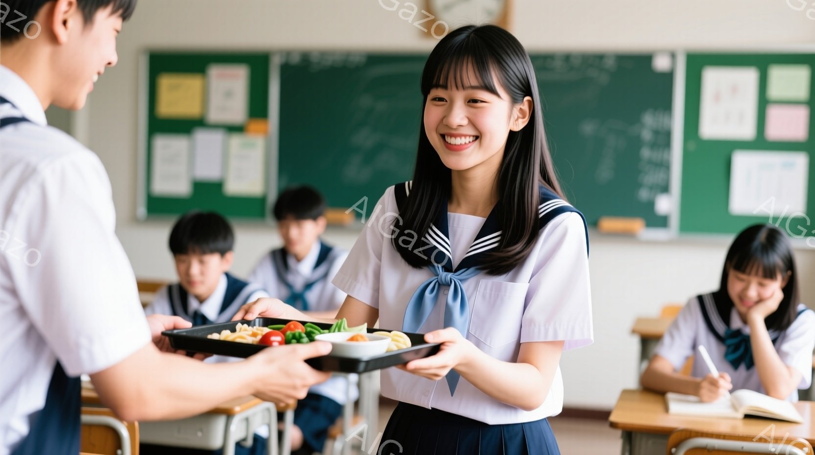 制服を着た女子生徒が、分割されたトレイを受け取って微笑んでいます。彼女は短い前髪とダークブラウンの髪を持ち、明るく幸せそうな表情をしています。教室の背景には、他の生徒たちが机で勉強しており、黒板にはいくつかのポスターが貼られています。