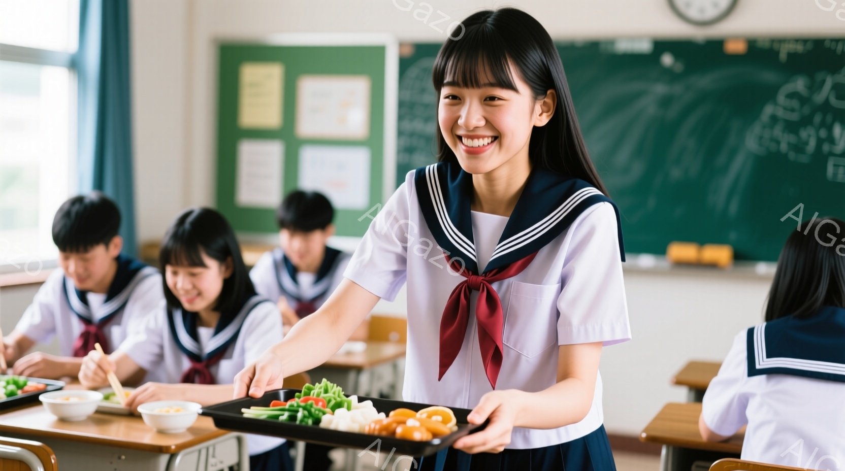 制服を着た女子学生が、たくさんの野菜が並んだお皿をクラスメイトに差し出している様子が写っています。彼女は明るい笑顔で、前髪を下ろしたヘアスタイルに、赤いリボンが特徴的なセーラー服を着ています。教室の中には他の生徒たちもおり、食事の準備をしている様子で、全体的に明るく和やかな雰囲気が漂っています。