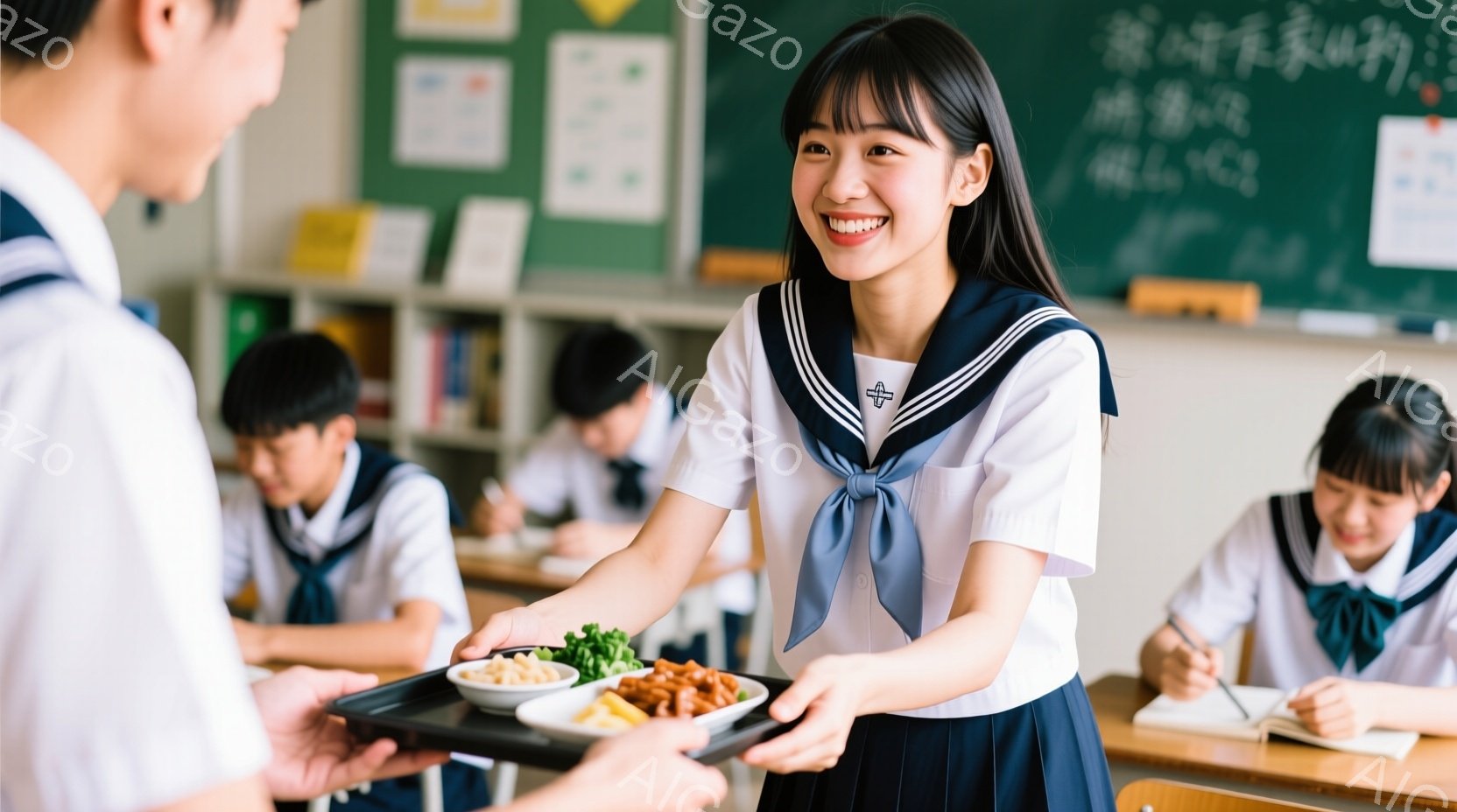 制服を着た女子高生が、給食のトレイをクラスメイトに差し出している場面です。彼女は明るい笑顔で、前髪を下ろしたヘアスタイルで、姿勢も良く給食を配っています。教室の中には他の生徒たちもおり、机で勉強したり、彼女を見たりして、和やかな雰囲気が漂っています。