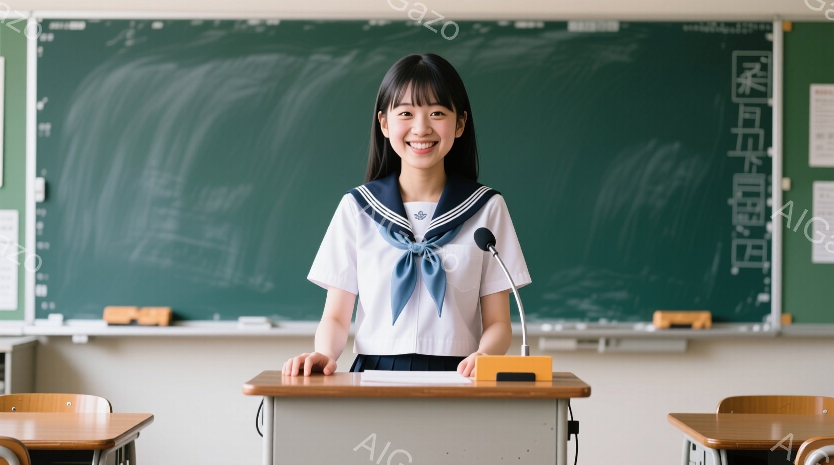 紺色の制服にネクタイと白いブラウスを着た若い女性が写っています。彼女は微笑んでおり、マイクに向かって立っています。背景には黒板と教室の机があり、学校の授業風景を思わせる雰囲気です。