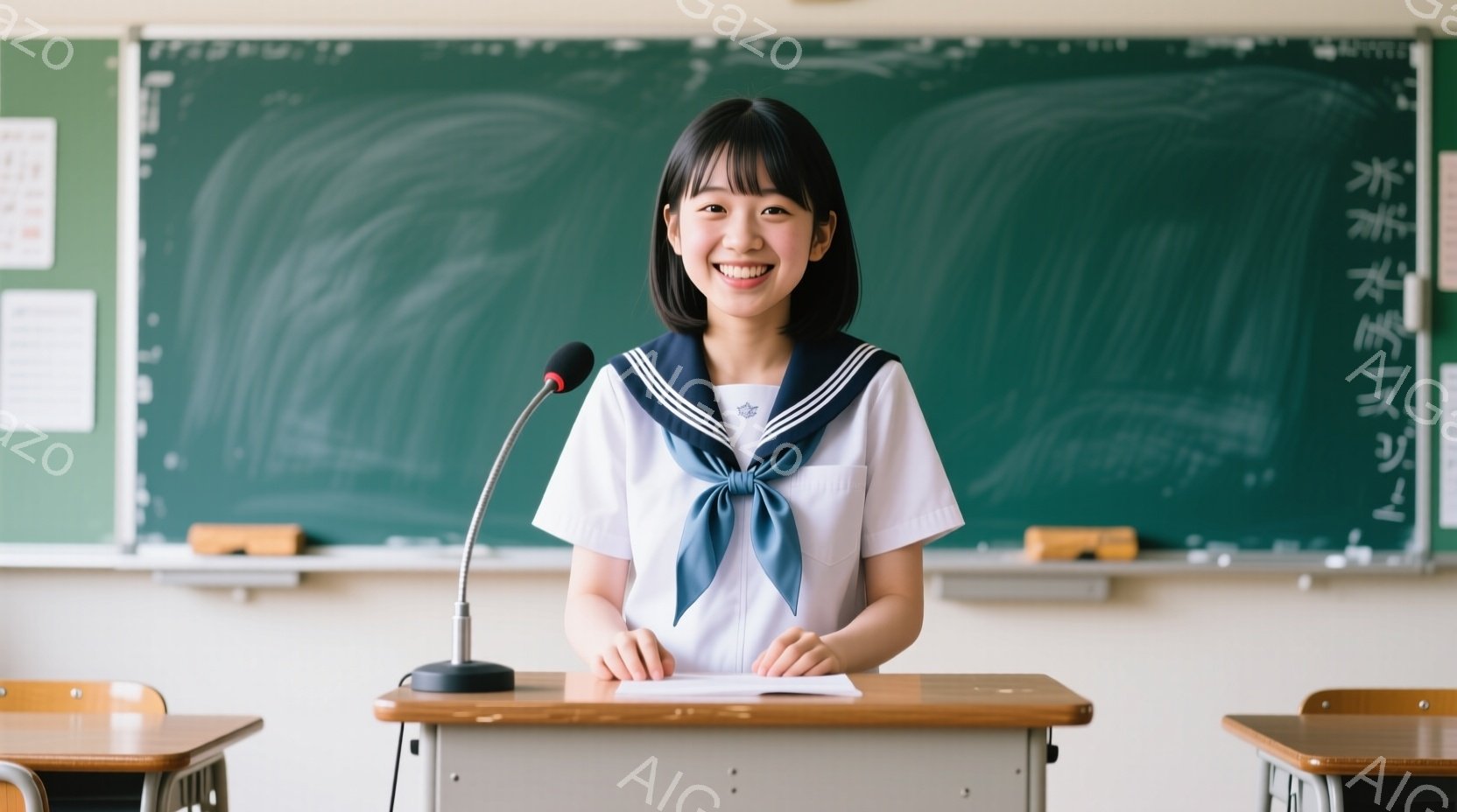 制服を着た若い女性が、講壇の前で微笑んでいます。彼女は紺色のリボンと白のブラウス、紺色のスカート姿で、髪は短く整えられています。背景には黒板と教室の机があり、明るく清潔な雰囲気です。 - AI生成フリー素材