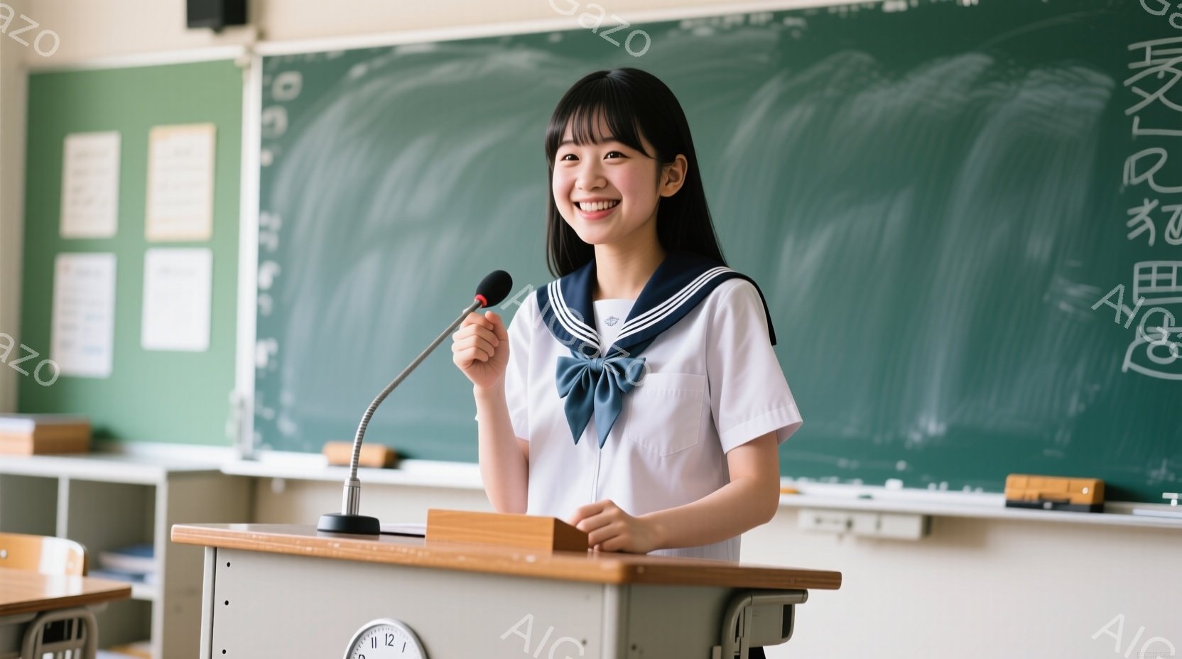 女子は制服姿で、笑顔を浮かべながら演壇の前で立っている。彼女は紺色のリボンと白のブラウス、濃い青のブレザーを着ており、髪型は肩までの長さで、前髪は整っている。背景には黒板と教室の机があり、明るい雰囲気の中でスピーチをしている様子が伺える。