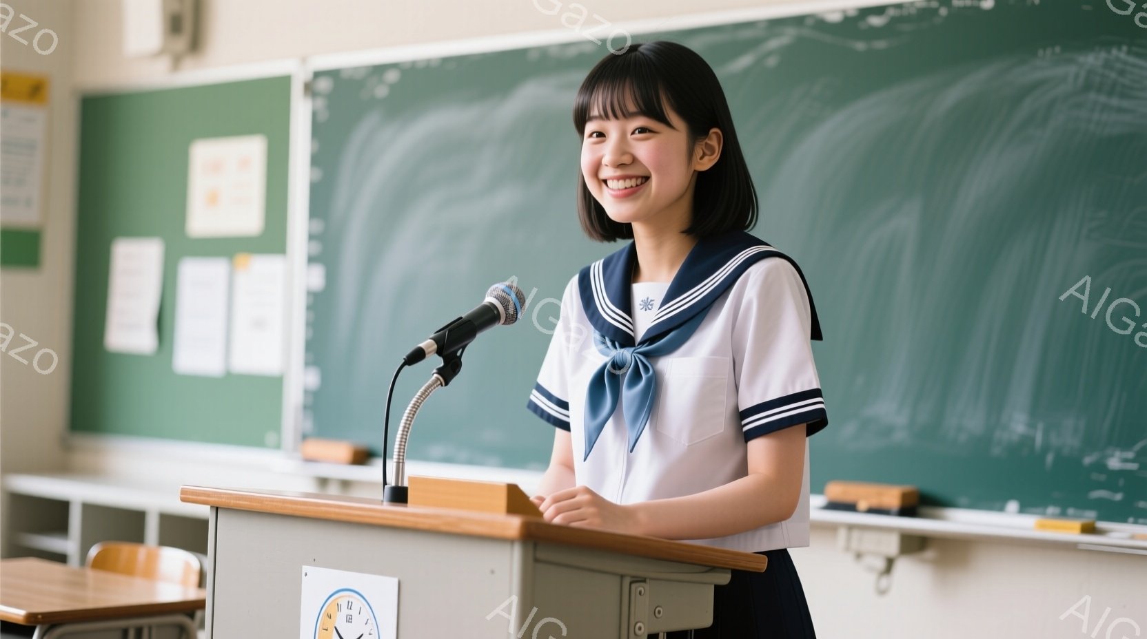 制服を着た若い女性が講演台の前で微笑んでいます。彼女は紺色のリボンと白のブラウスを合わせた水色の制服を着ており、短い黒髪は整えられています。背景には黒板があり、教室らしき場所で明るく希望に満ちた雰囲気 - AI生成フリー素材