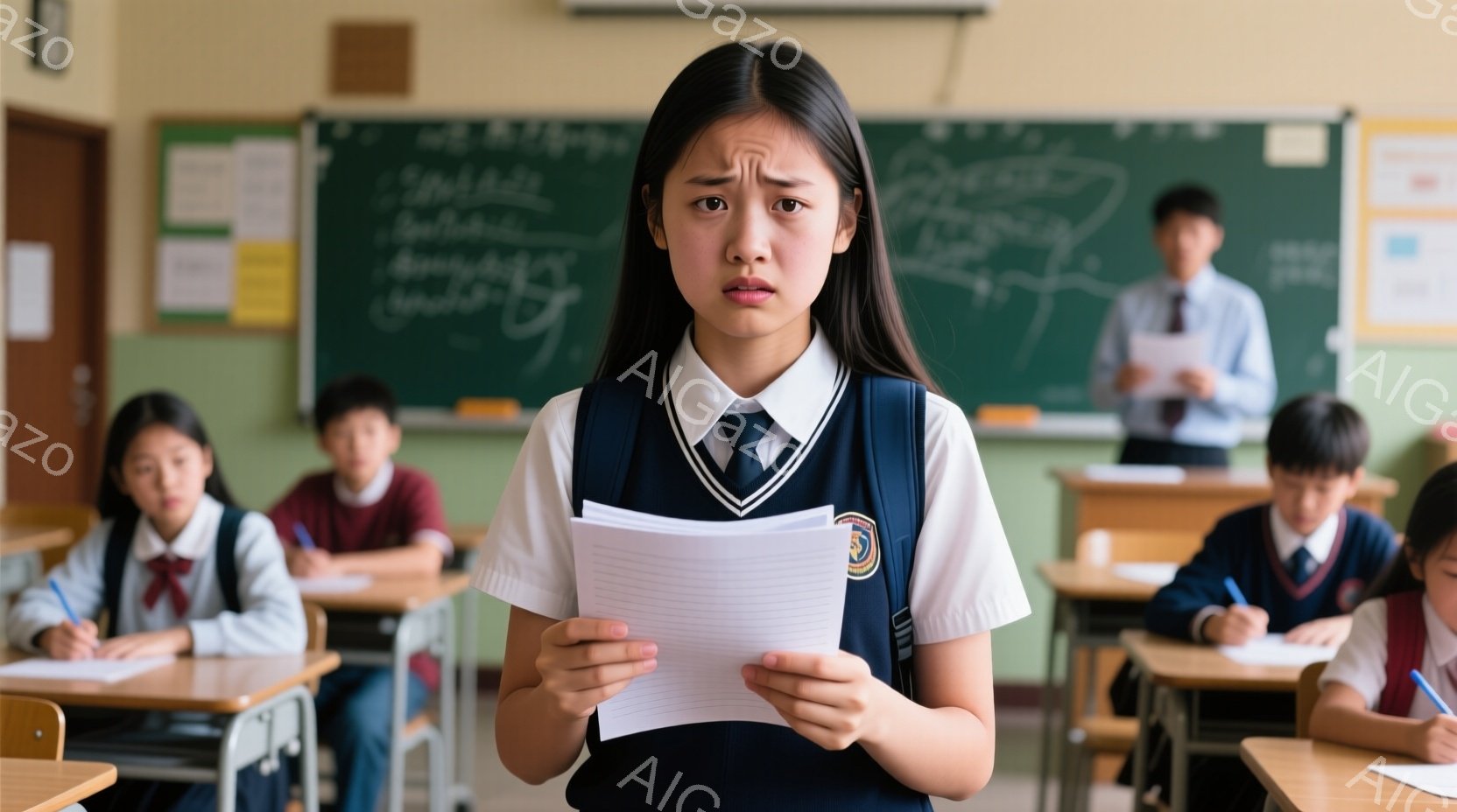 日本の教室で困惑した表情の女子学生を捉えています。彼女は白いシャツにネイビーのブレザーとチェックのスカートを着用し、髪は長くストレートで顔の横に流れています。教室には他の生徒たちもおり、机に向かって勉強しています。