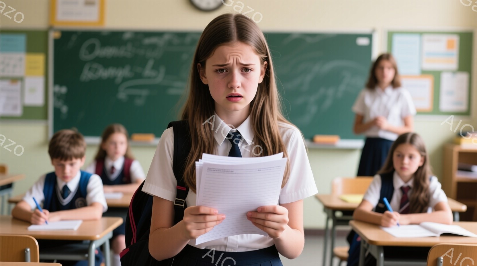 学校の教室で、困惑した表情の少女が、手にたくさんの紙を持っています。彼女は紺色のブレザー、白いシャツ、ネクタイ、チェックのスカートという制服を着ており、長い髪は後ろでまとめています。教室には他の生徒もおり、机に向かって勉強しています。